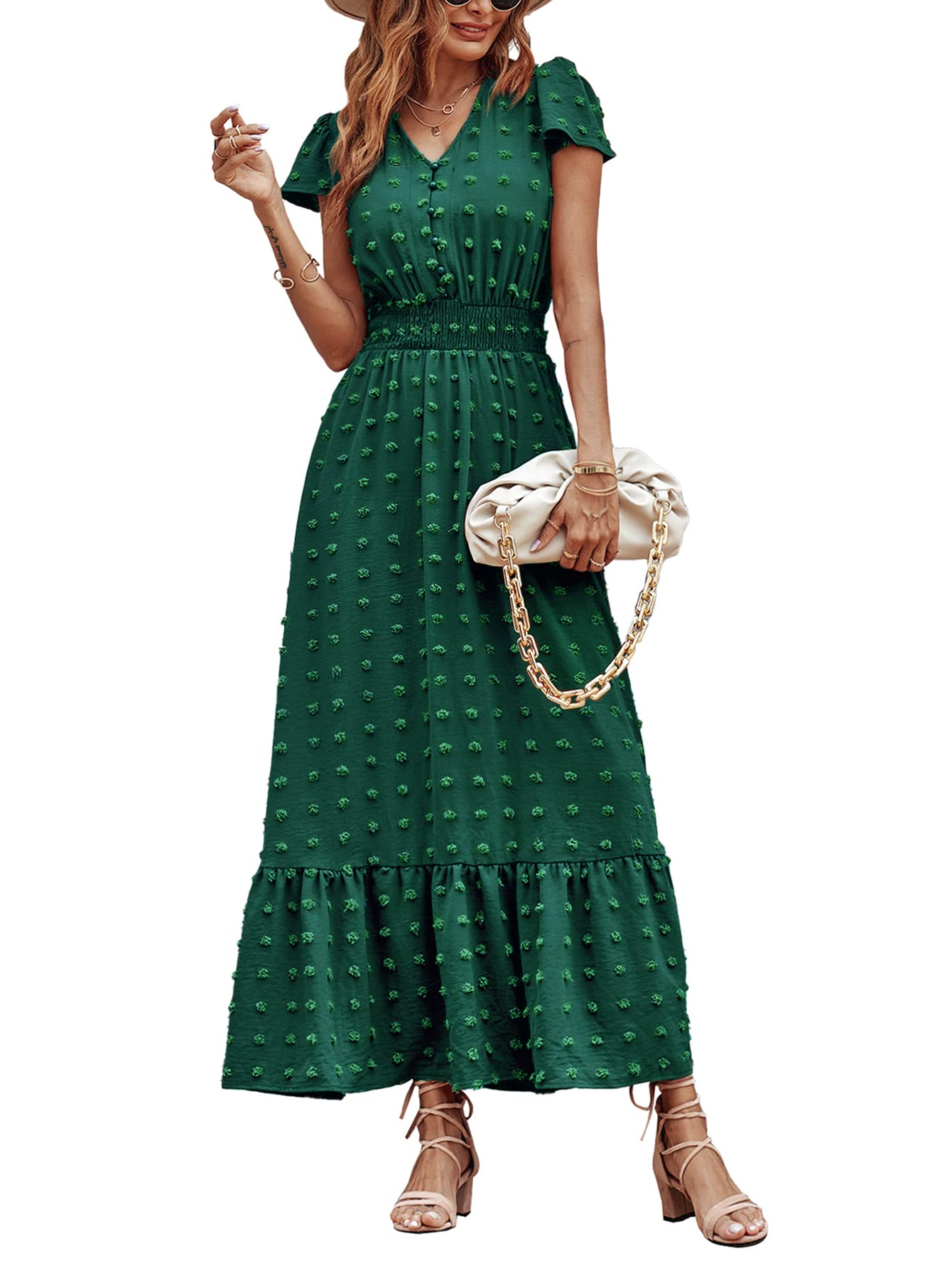 PRETTYGARDENWomens Dresses 2025 Summer Maxi Dress Boho Short Sleeve V Neck Swiss Dot Ruffle Tiered Smocked Flowy Long Dress