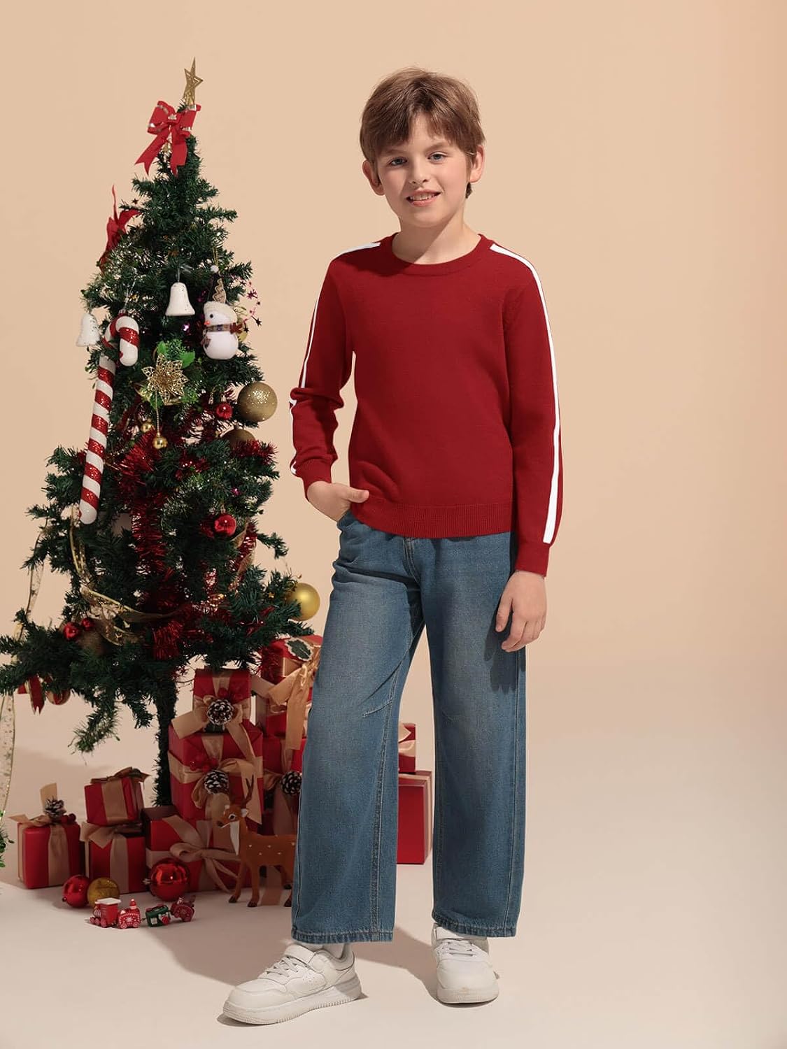 Haloumoning Boys Striped Long Sleeve Sweater Kids Fashion Crewneck Knit Pullover Fall Clothes 5-14Y