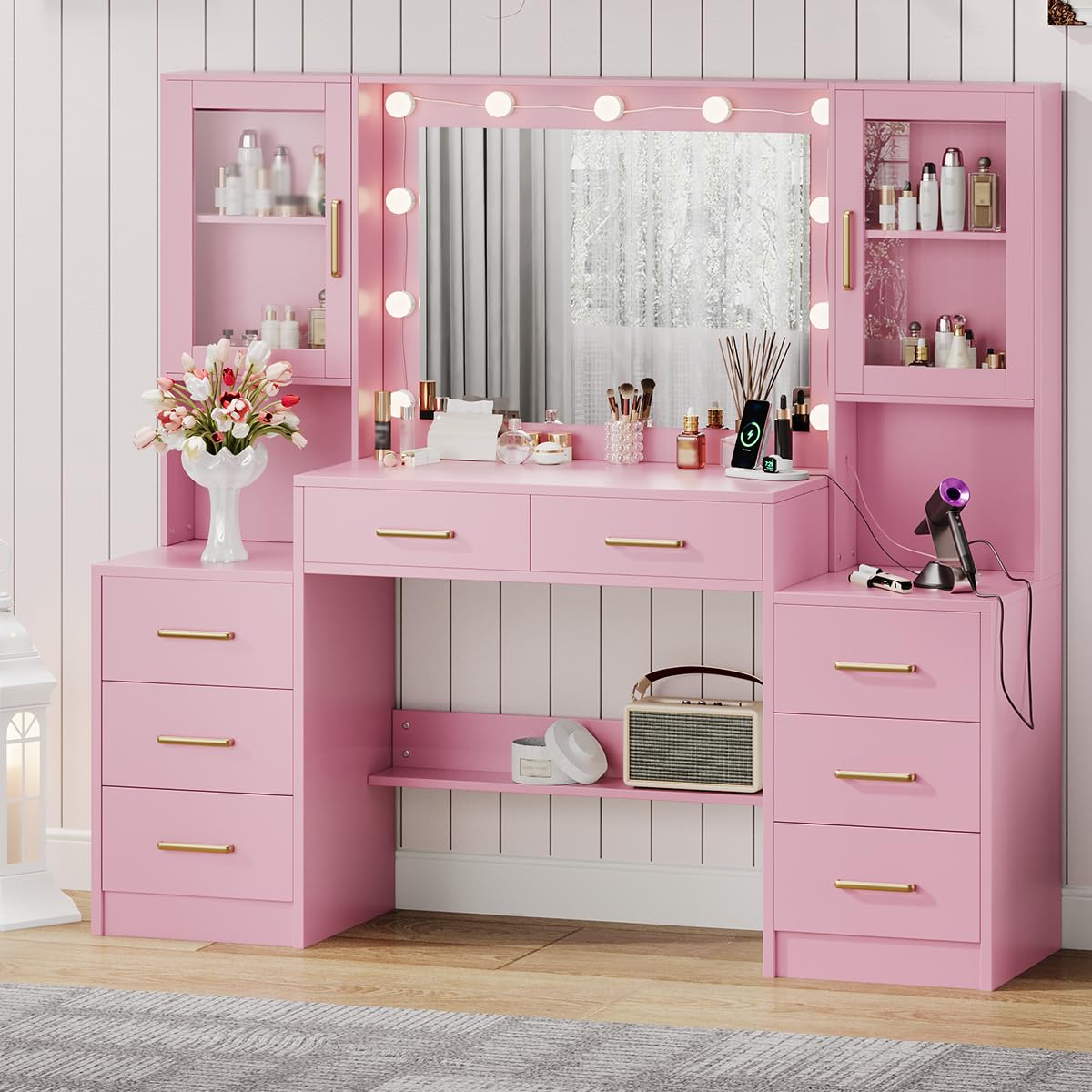 58.3" Makeup Vanity Desk with Charging Station, Pink Makeup Dressing Table with Mirror &amp; Lights, 3 Lighting Modes Adjustable Brightness, Vanity Table with Power Outlet &amp; 8 Drawers for Bedroom