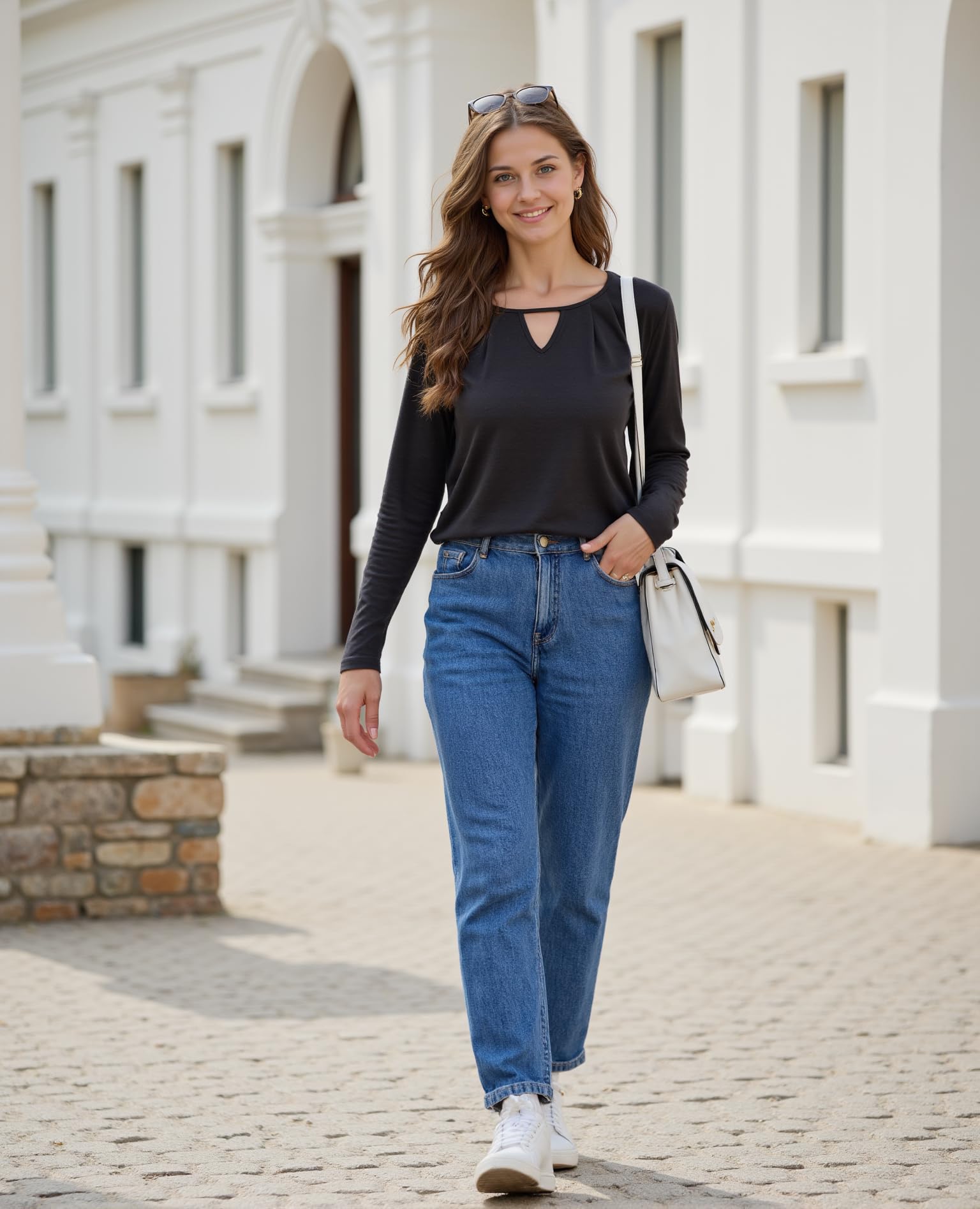 Gyabnw Magliette Maniche Lunghe Donna T Shirt Cotone Elegante Maglietta Girocollo Design Cavo Donna Casual Elegante Top Bluse