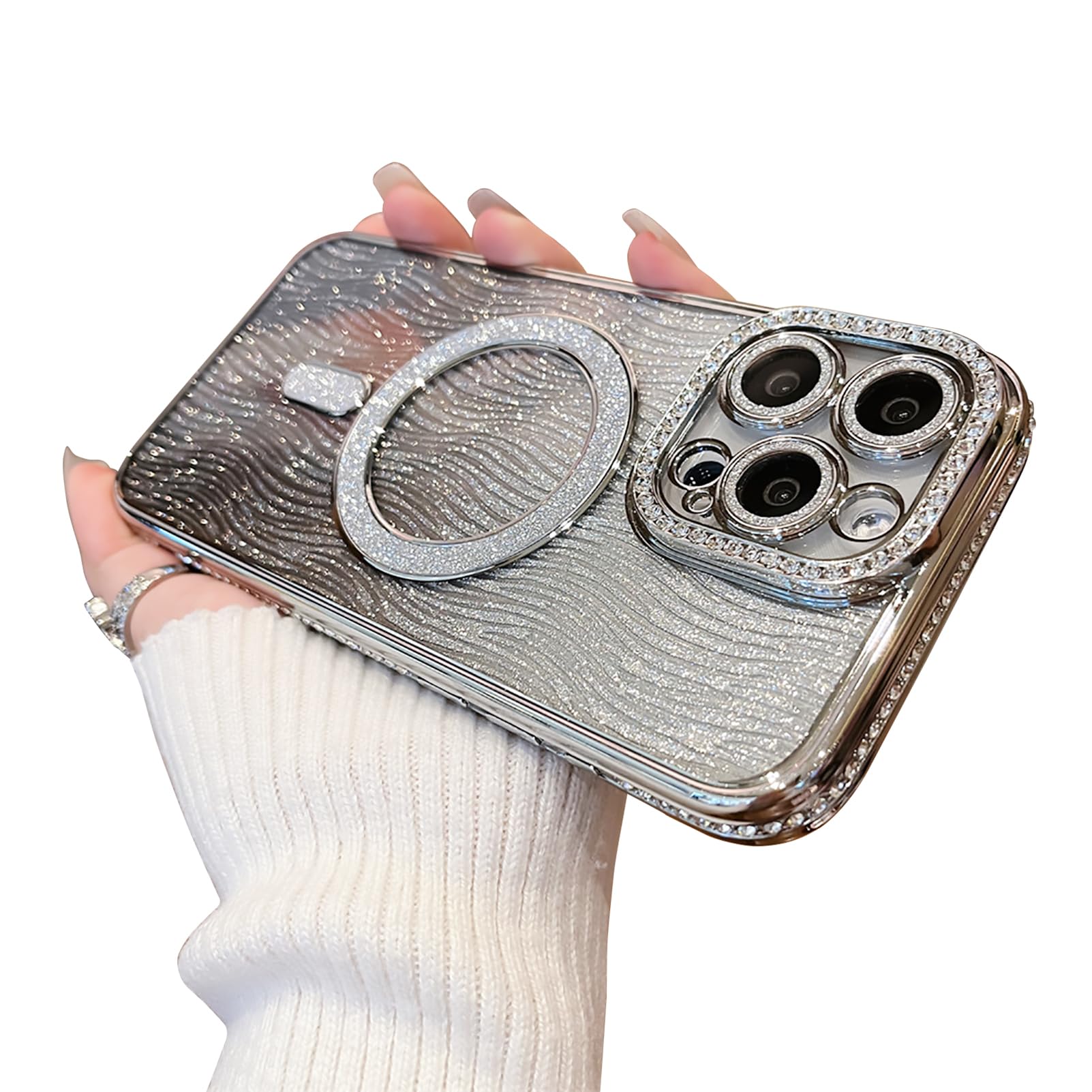 Uioeua for iPhone 16 Pro Max Magsafe Case,Luxury Plating Glitter Sparkly Diamond Rhinestone Cover with Camera Protector for Women Men Girls Silicone