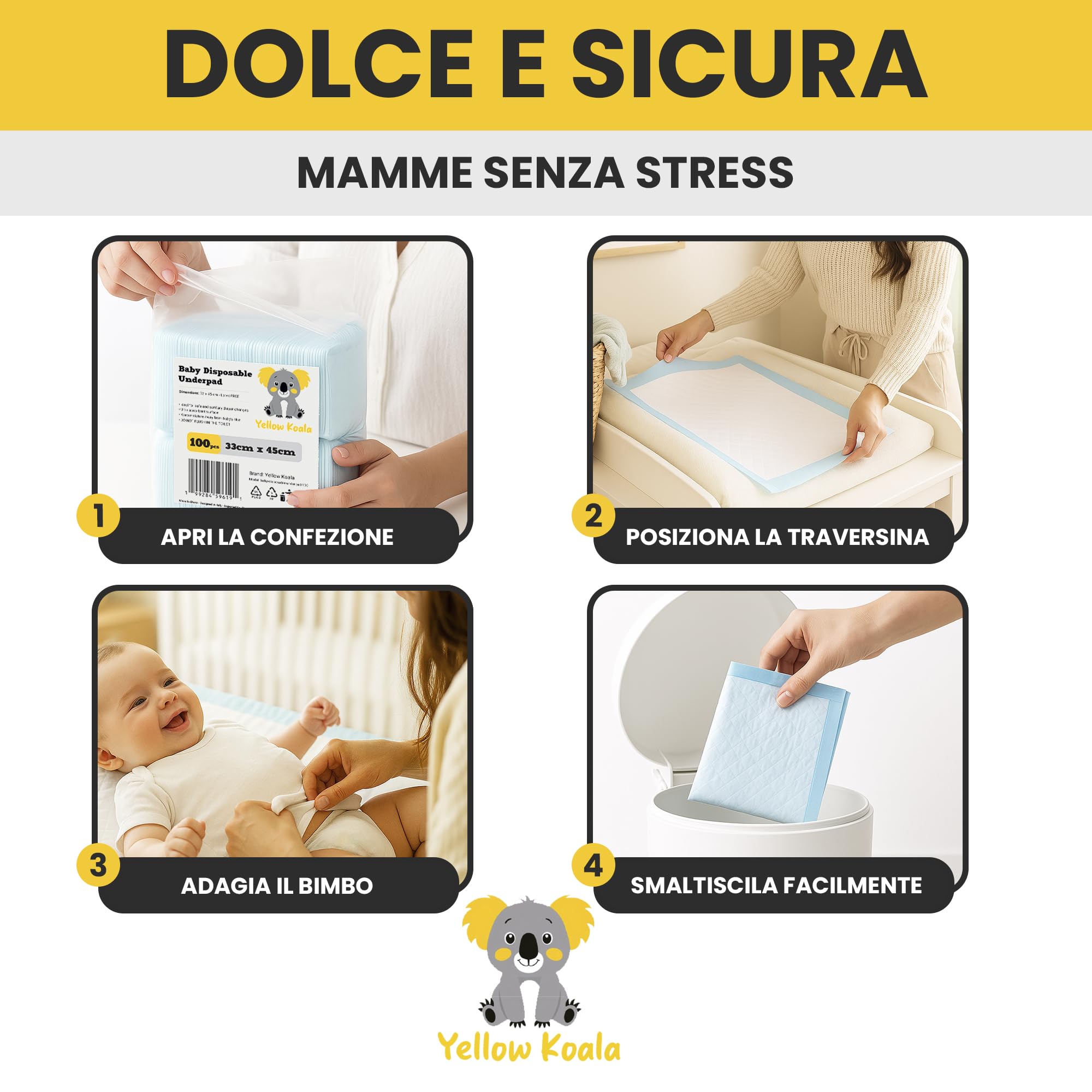 YELLOW KOALA Traversine Neonato Monouso 100 Pezzi 33x45 cm – Panni Assorbenti a 6 Strati, Morbide e Impermeabili – Traversine Pannolini Usa e Getta per Fasciatoio, Incontinenza e Lettino