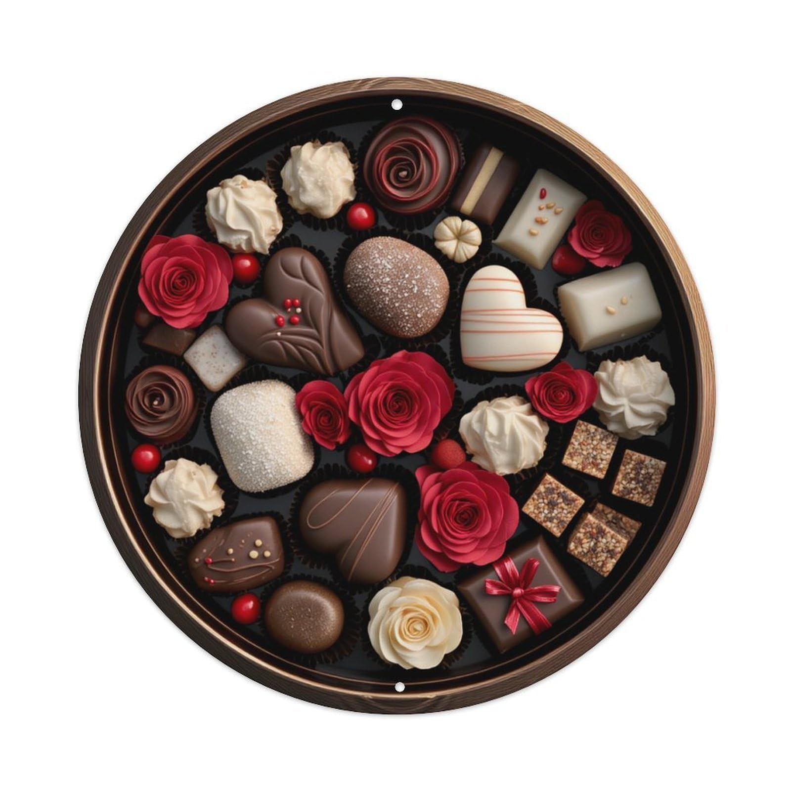Floral Chocolate Assortment Heart Pattern Round Tin Sign Retro Metal Sign for Cafe Bar Pub Home Game Room Gym Club Wall Decoration Vintage Metal Poster 8x8 Inch