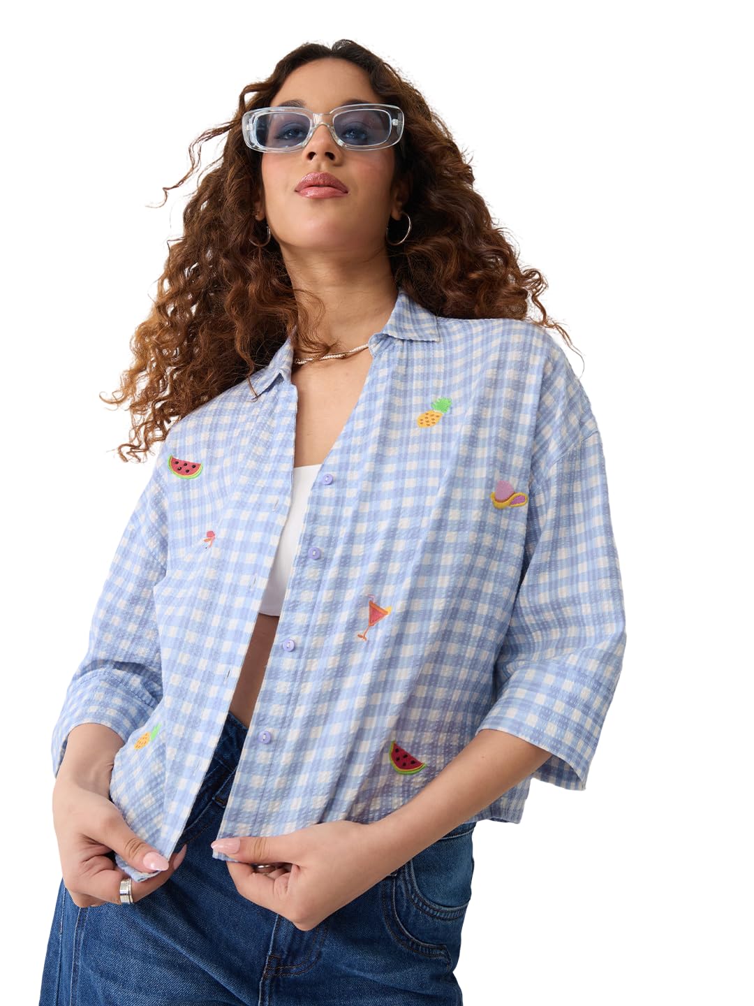 the souled store Summer Spritz Women and Girls Elbow Length Sleeves Collared Light Blue Embroidered Cotton Oversized Fit Lightweight Breathable Casual Shirt-picture-47