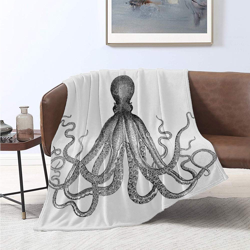 Amazon Co Jp 航海寝具フランネルブランケットタコ海の生き物モノクロアートのイラストを刻まれたヴィンテージスーパーソフトで快適な高級ベッドブランケット 1x150 ホーム キッチン