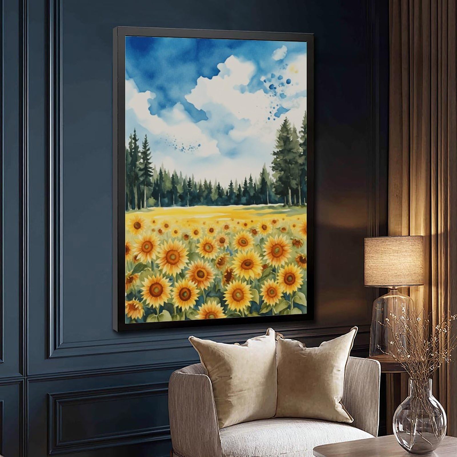 Mnyuein Póster de paisaje de verano de flores silvestres vibrantes, lienzo para decoración de pared, pinturas para sala de estar, dormitorio, marco negro, 30,5 cm de largo x 45,7 cm de ancho