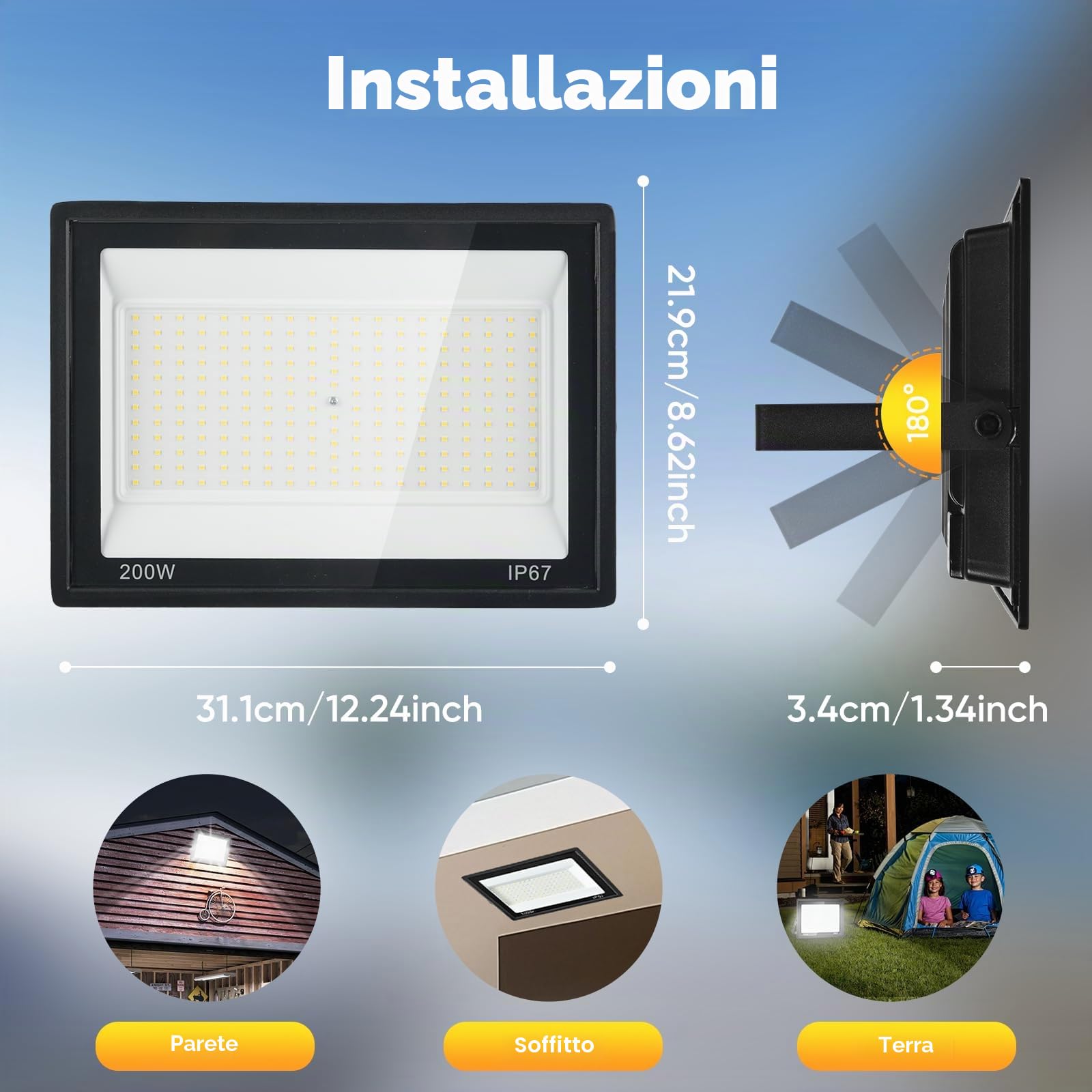 Faretto LED da Esterno 200W,20000LM Luci da Esterno,7000K Luce Bianca Fredda,IP67 Impermeabile,228 LEDs Faretti da esterno per giardino, cortile, garage,vialetto, officina