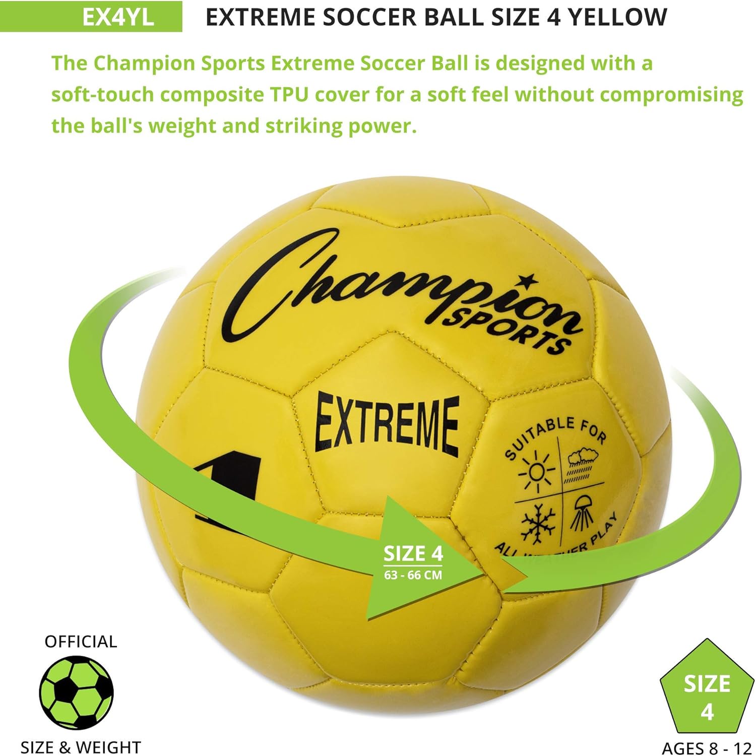 Champion Sports Extreme Series Soccer Ball – Sizes 3, 4, 5, Soft Touch, All Weather, High Air Retention, Youth & Adult League Balls for Training, Games, Outdoor & Indoor Play, Multiple Colors