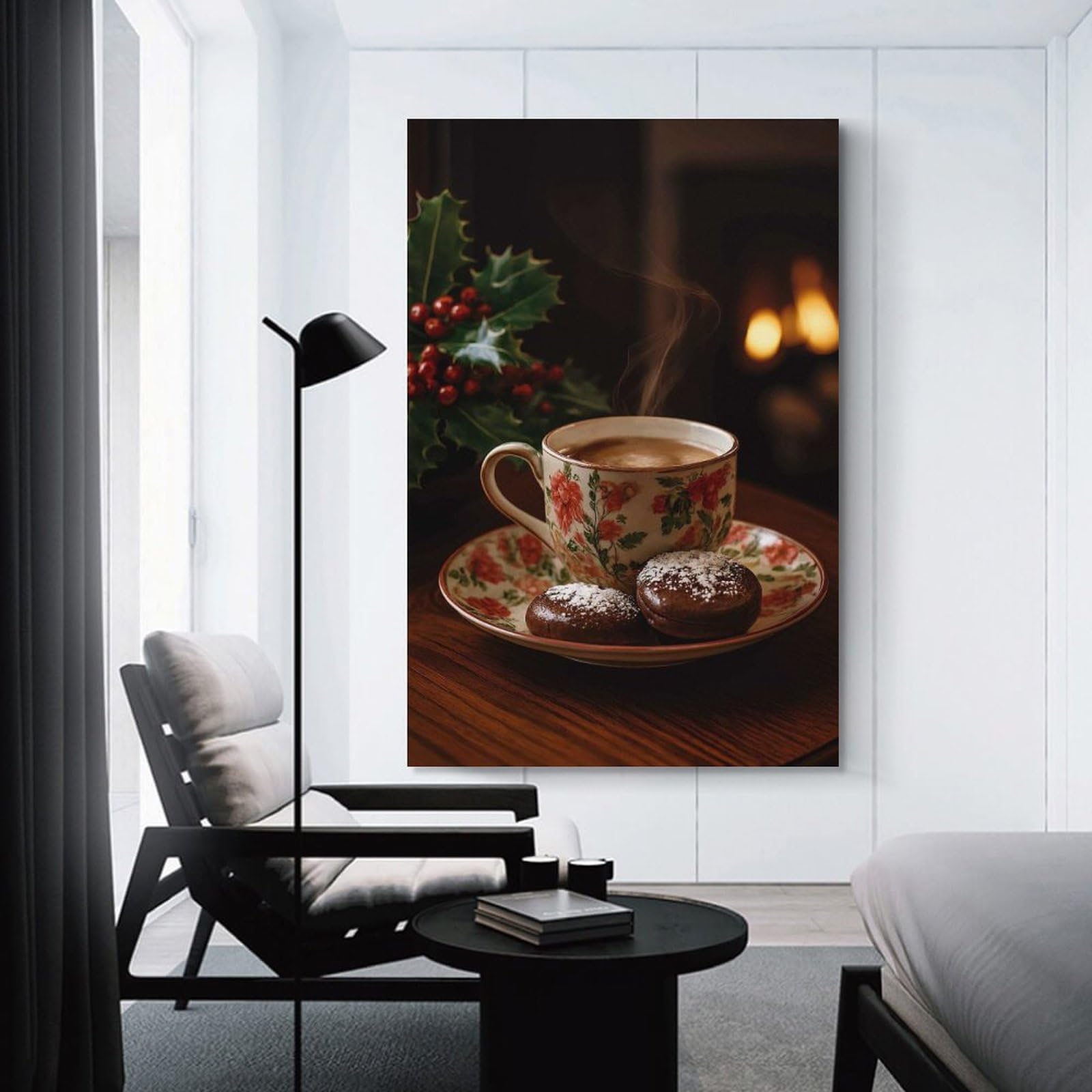 Junmoney Cozy Coffee And Cookies by Fireplace Wall Art Print, 20x30inch(50x75cm), for Office, Study Or Home Workspace, Decorative Artwork for Productive Spaces