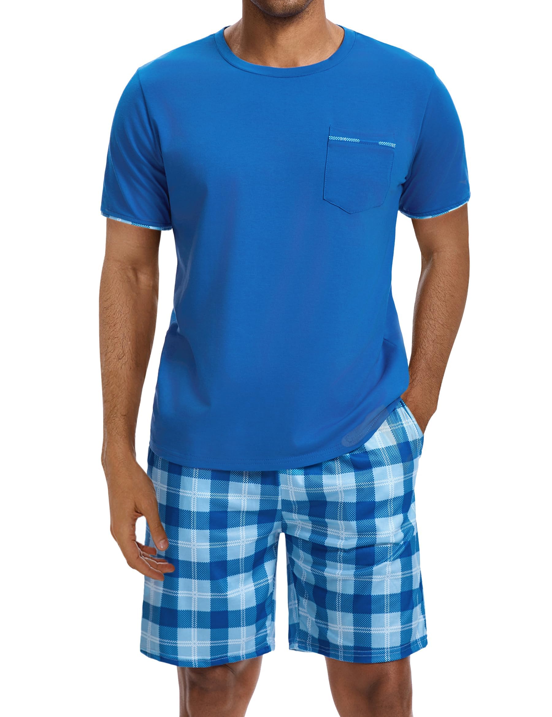 Leversic Schlafanzüge für Herren Kurz Baumwolle Sommer Nachtwäsche mit Karierte Ziermanschetten, Zweiteiliger Men's Pyjama Sets