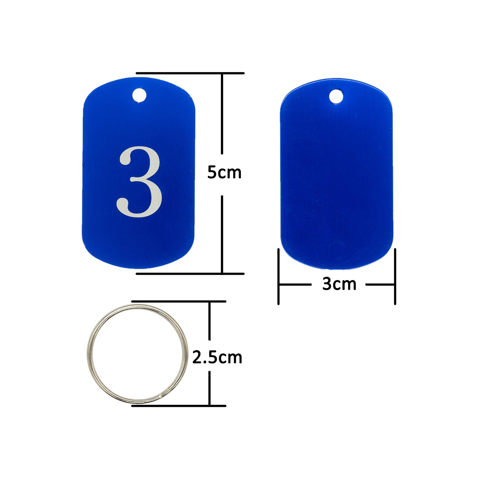 Medagliette identificative con numeri incisi, in alluminio, con anello portachiavi (1-25, blu)