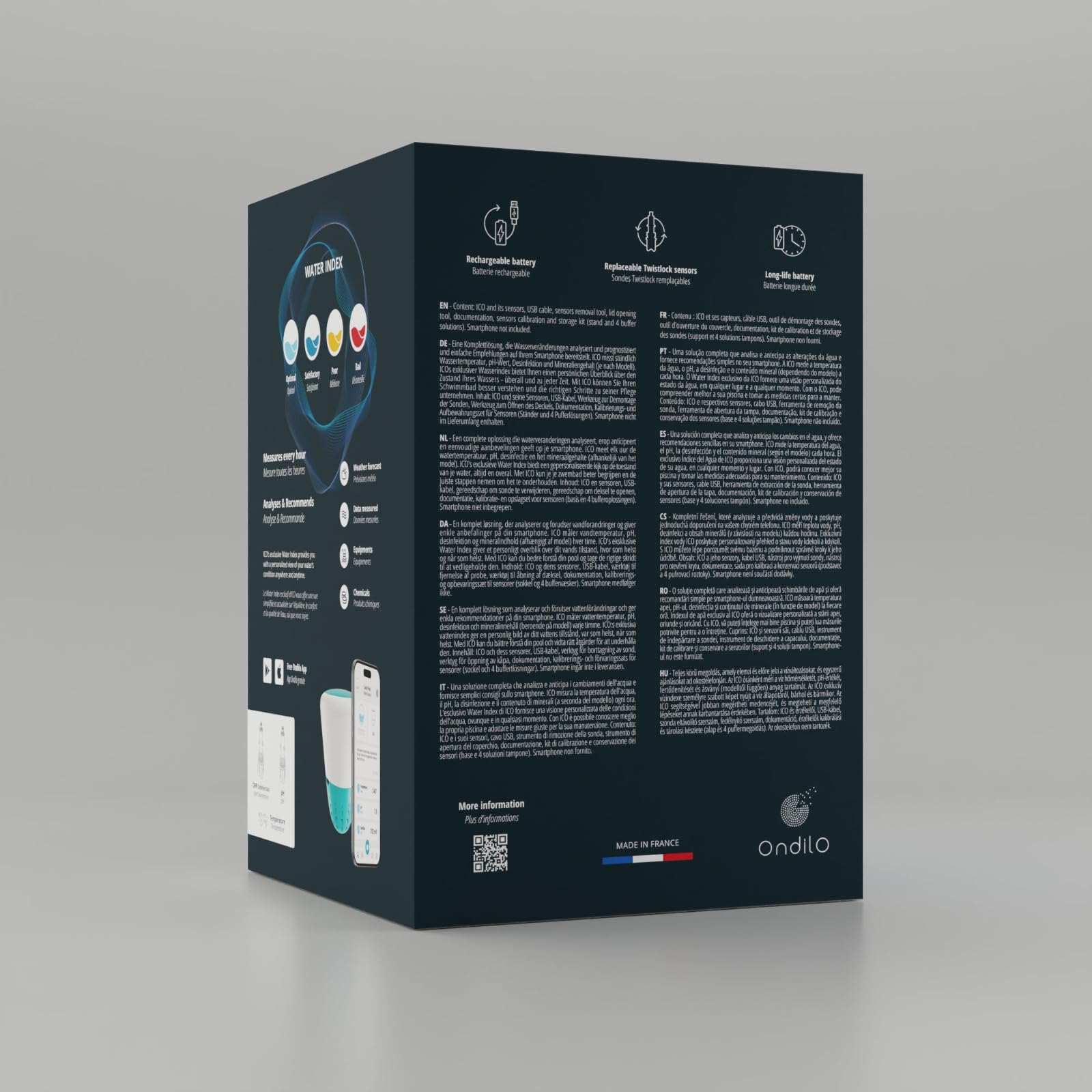 Ondilo ICO Pool V2 Essential+ Chlore Brome - Analyseur d'eau connecté pour piscines traitées au Chlore ou au Brome - Mesures toutes les heures pH, ORP, température de l'eau - Kit de calibration inclus