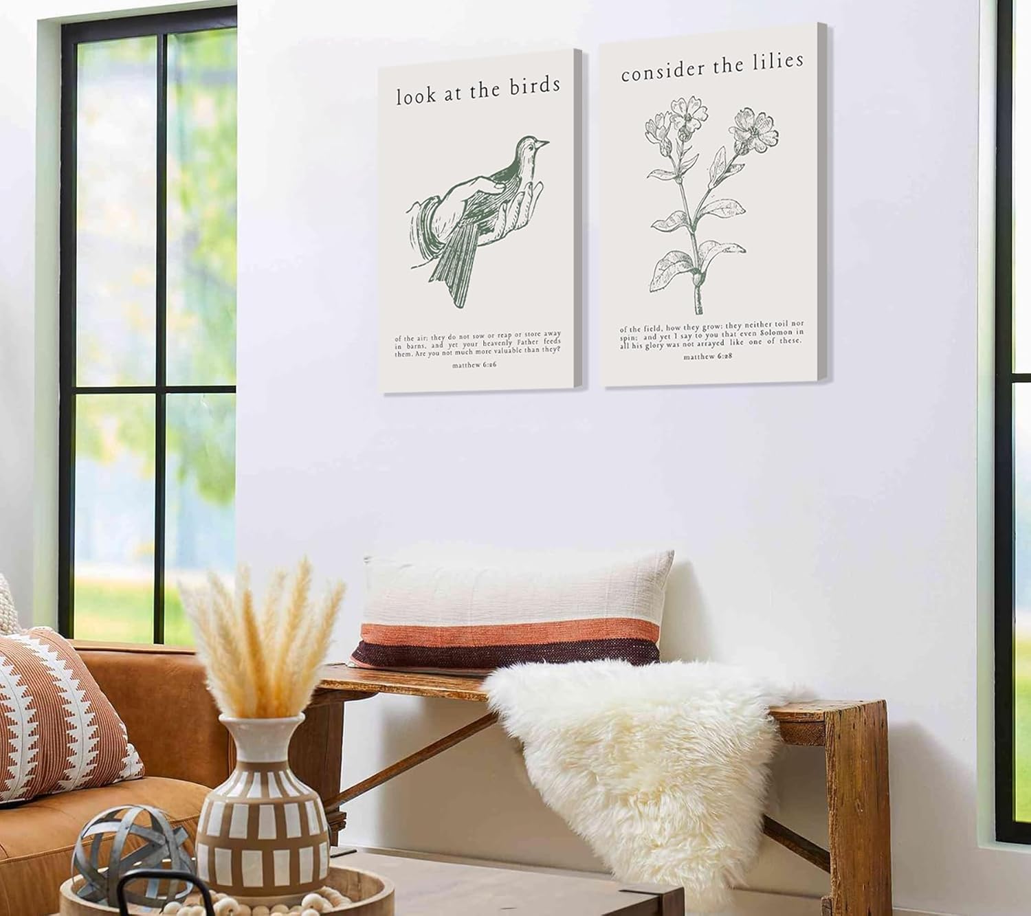 2Pcs Christian Bible Wall Art Religious Psalm Verse Painting Picture Wall Decor Matthew Green Plant Posters Print Artwork for Church Living Room Home Decoration 12x16in Framed
