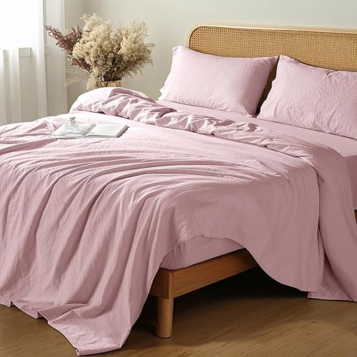 Shilucheng 100% French Linen Sheets - King Size Bed Sheets, Breathable & Cooling Pure Linen Sheets,Soft Durable and Tear Resistant -16 Inch Deep Pocket - 4Pcs (Embroidery Purple, King)