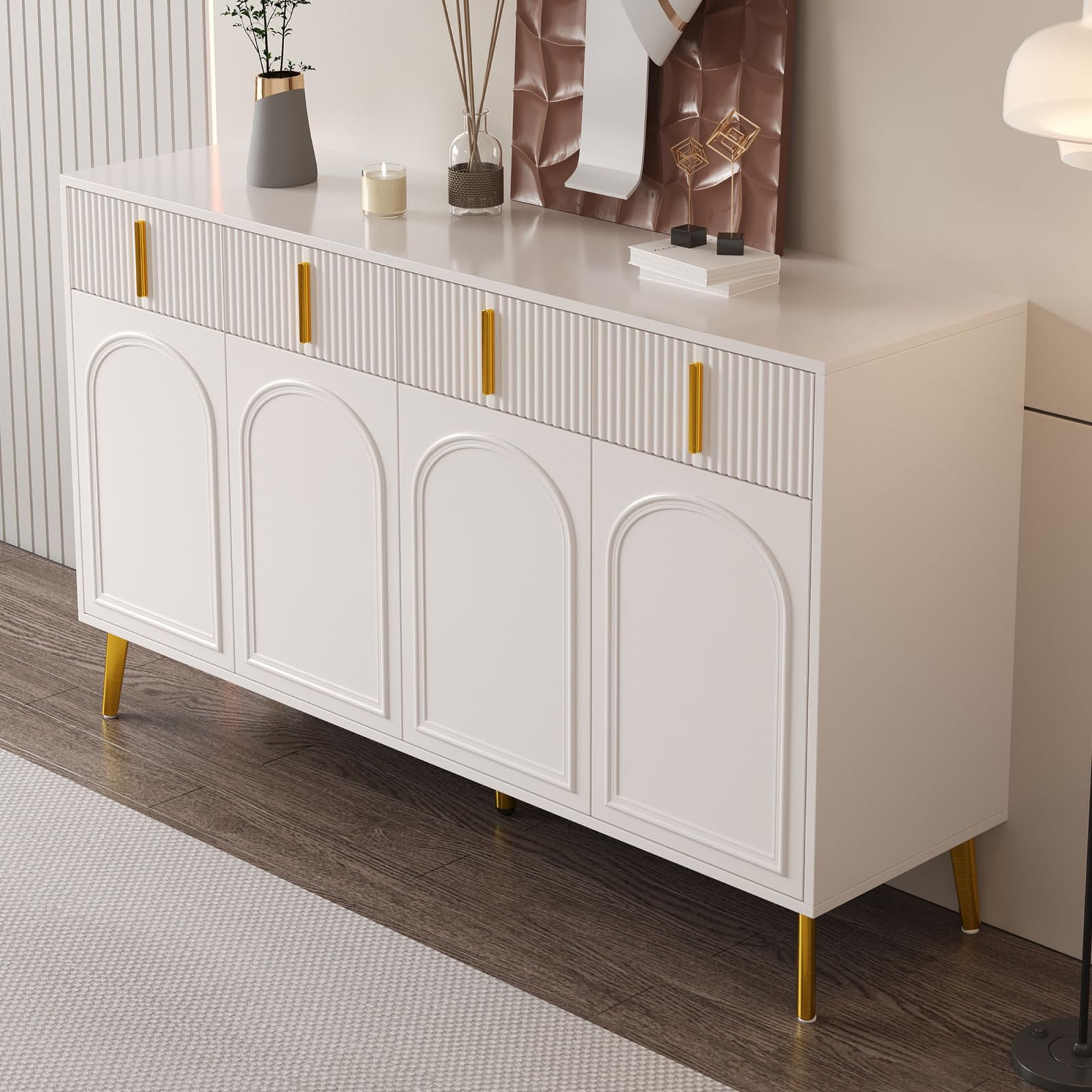 Sideboard mit 4 Türen, Modern Kommode mit 4 Schubladen, Schubladenschrank mit Griff und Beine, Küchenschrank für Flur, Schlafzimmer, Wohnzimmer, Geschwungenes Design, 140x38x82cm, Weiß