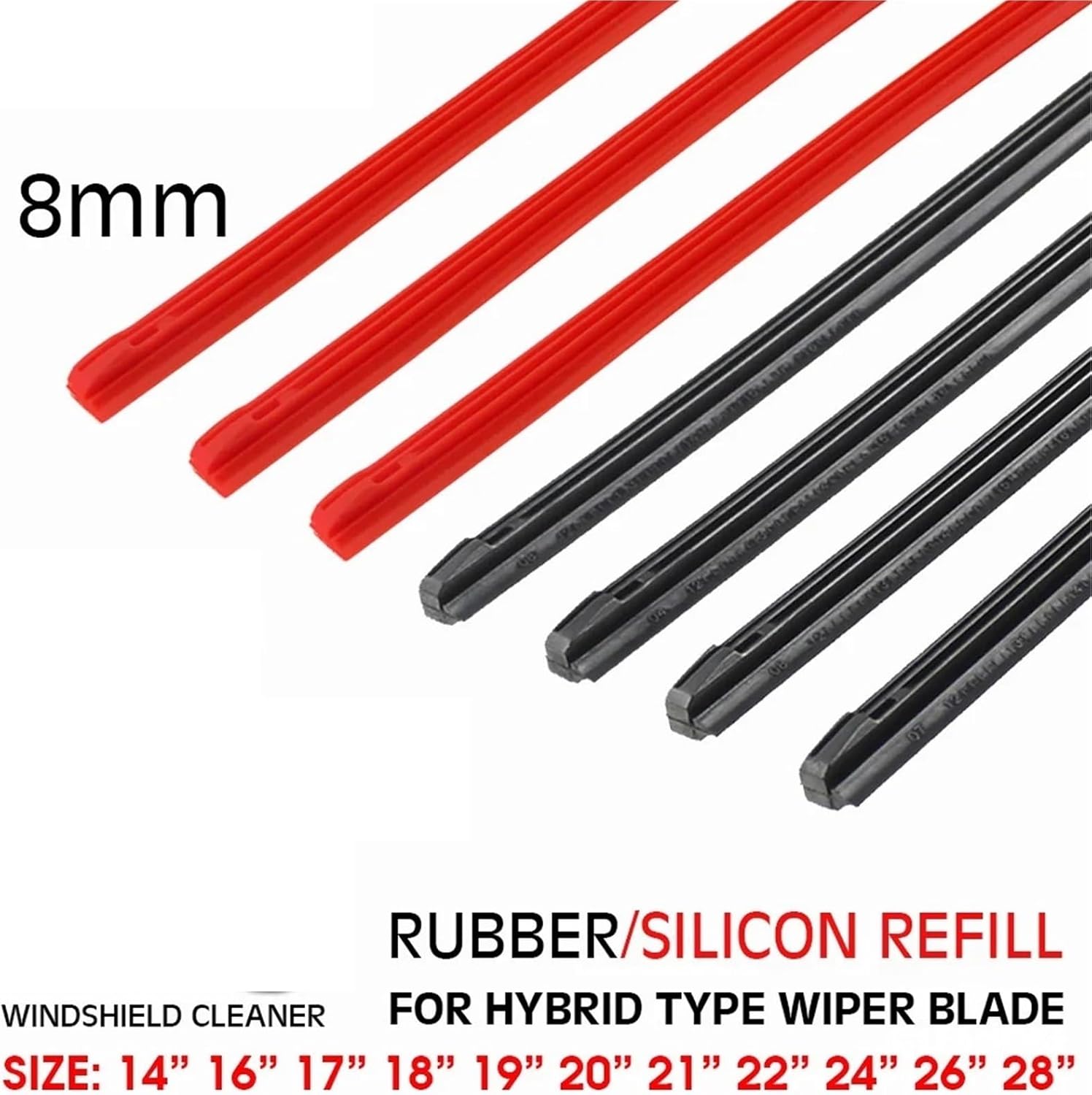 Car Vehicle Insert Rubber/Silicon Refill Strip Wiper Blade 8mm 14" 16" 17" 18" 19" 20" 21" 22" 24" 26" 28" 1pcs Accessorie(Rubber,1pcs 19 inch)