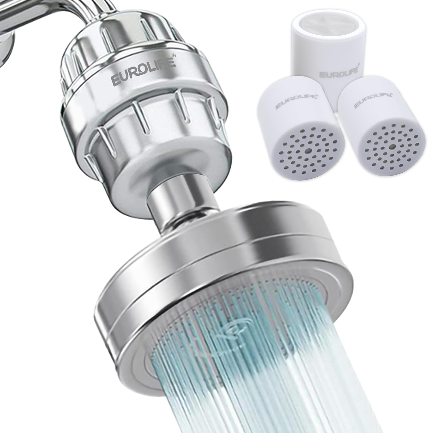 Filtered Shower Head with 15-Stage Shower Filter – Stainless Steel Hard Water Shower Filter for Hair & Skin, Vitamin C Chlorine Filter, Built-in Showerhead Filter Layer, 3 Cartridges