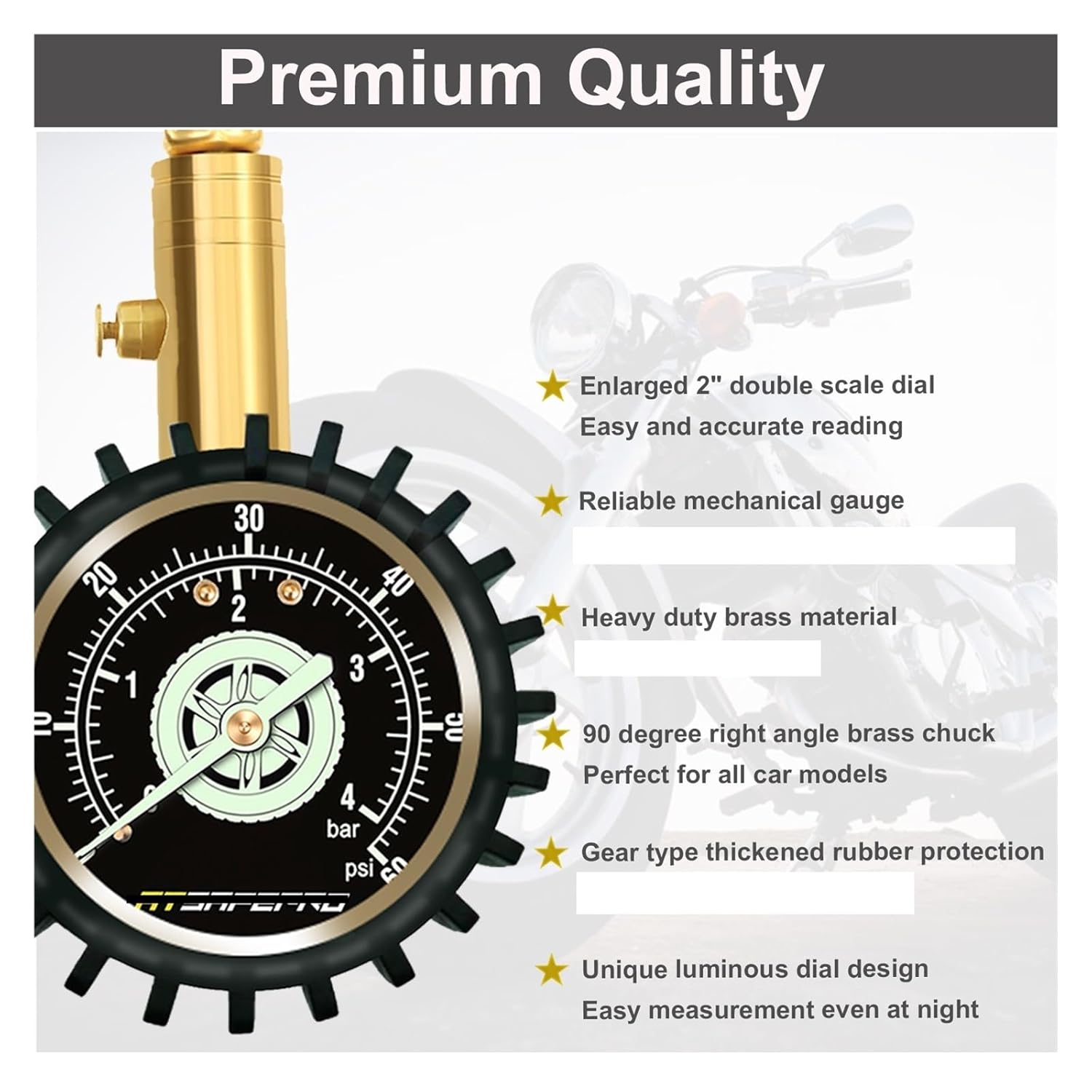 TPMS ATsafepro Motorcycle Tire Pressure Gauge 60 PSI 90 Degree Brass Chuck Professional Tire Gauge Right Angle Chuck for Car Bike SUV Precise