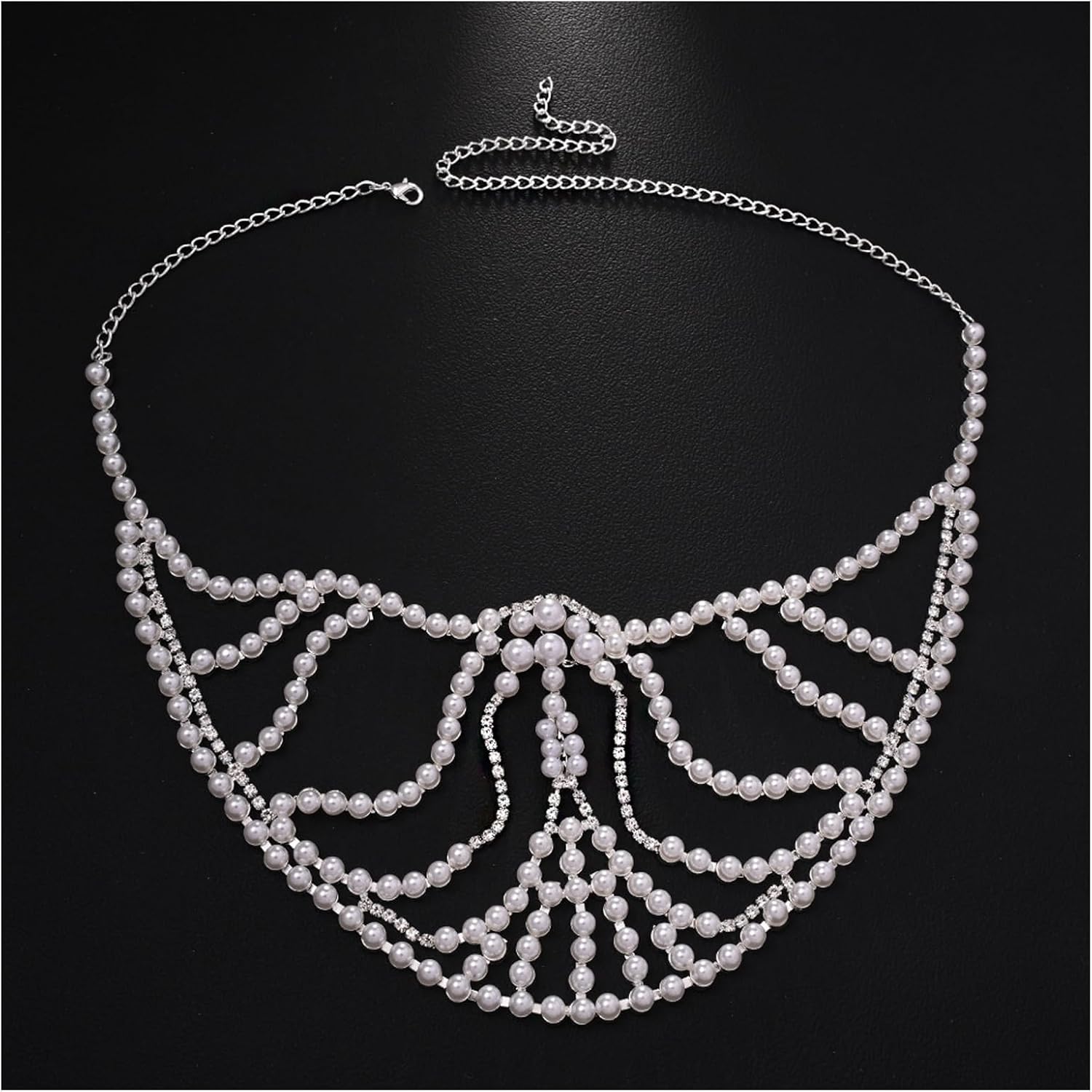 Rhinestone Pearl Mask Masquerade Face Chain Multi-layered Crystal Pearl Mesh Veils Face Jewelry for Women Festival Rave Concert