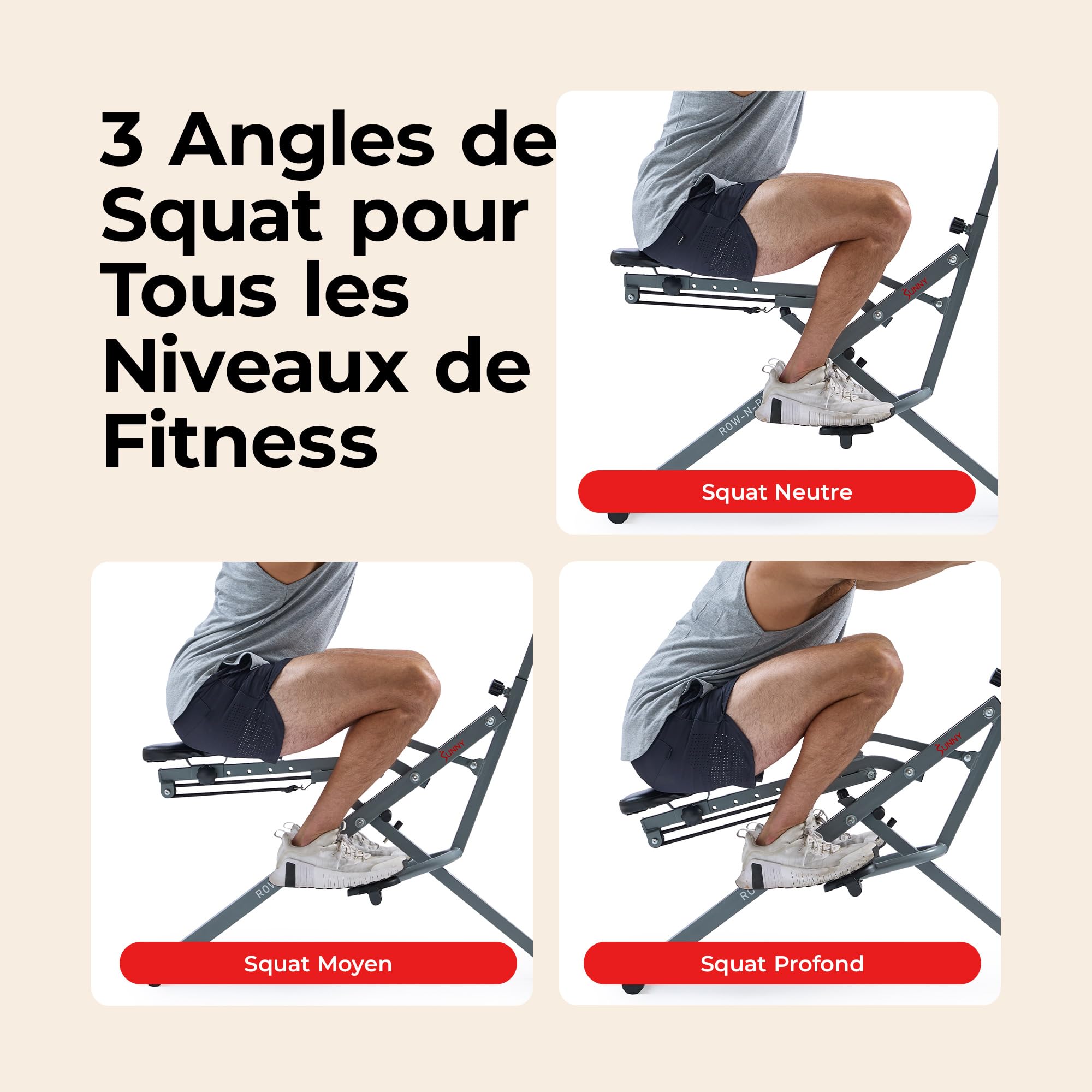 Sunny Health & Fitness Appareil Row-N-Ride Squat Assist, Équipement d’Entraînement Pliable avec Résistance Réglable, Machine de Fitness à Domicile pour Travailler Bras, Fessiers et Jambes, Option Plus