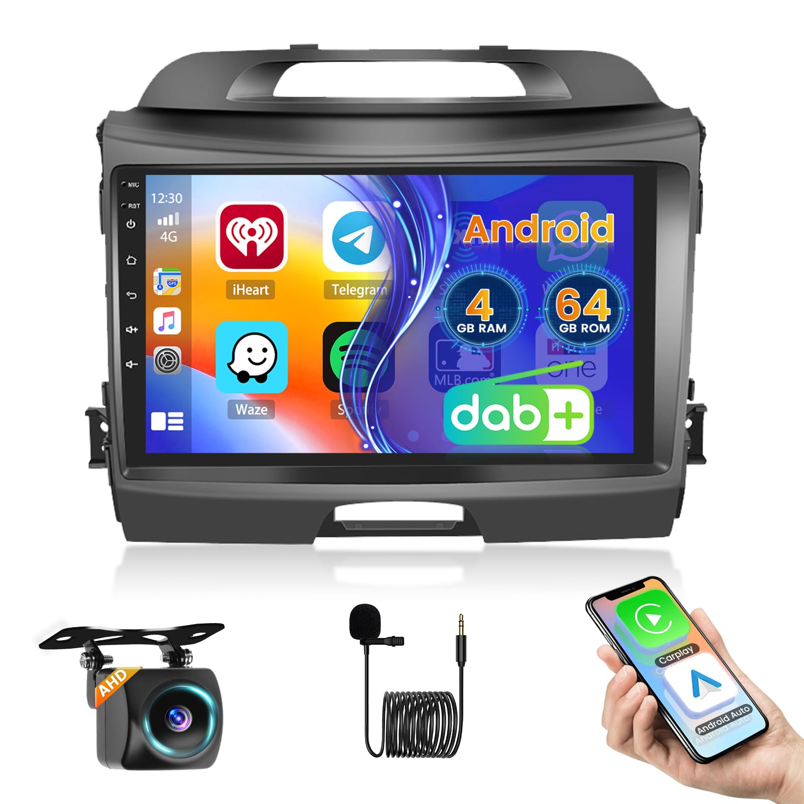 Roinvou DAB/DAB+ 4G+64GB Radio per Kia sportage 2010-2016 Android 15 Soporta Wireless CarPlay Android Auto, 9 Pollici Schermo per Auto con Bluetooth WIFI GPS HIFI FM/RDS SWC AHD Telecamera