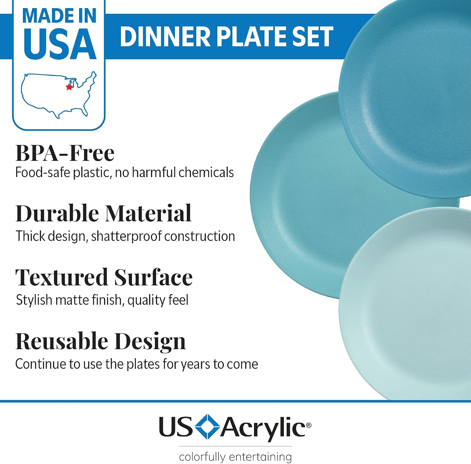 US Acrylic Everest Ultra-Durable Plastic 10 inch Dinner Plates in Blue Sky | set of 6 Reusable, BPA-Free, Made in the USA, Dishwasher Safe Dinnerware