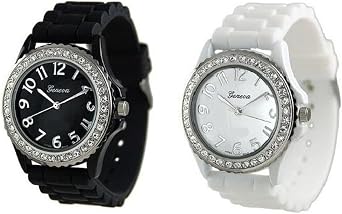 White Black 2 Pack Geneav Crystal Rhinestone Large Face Watch with Silicone Jelly Link Band