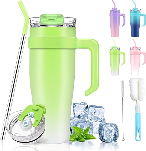 Vaso con tapa y popote, vaso de 40 onzas con asa verde, vaso 100% a prueba de fugas con tapa 2 en 1, vaso aislado de acero inoxidable mantiene las