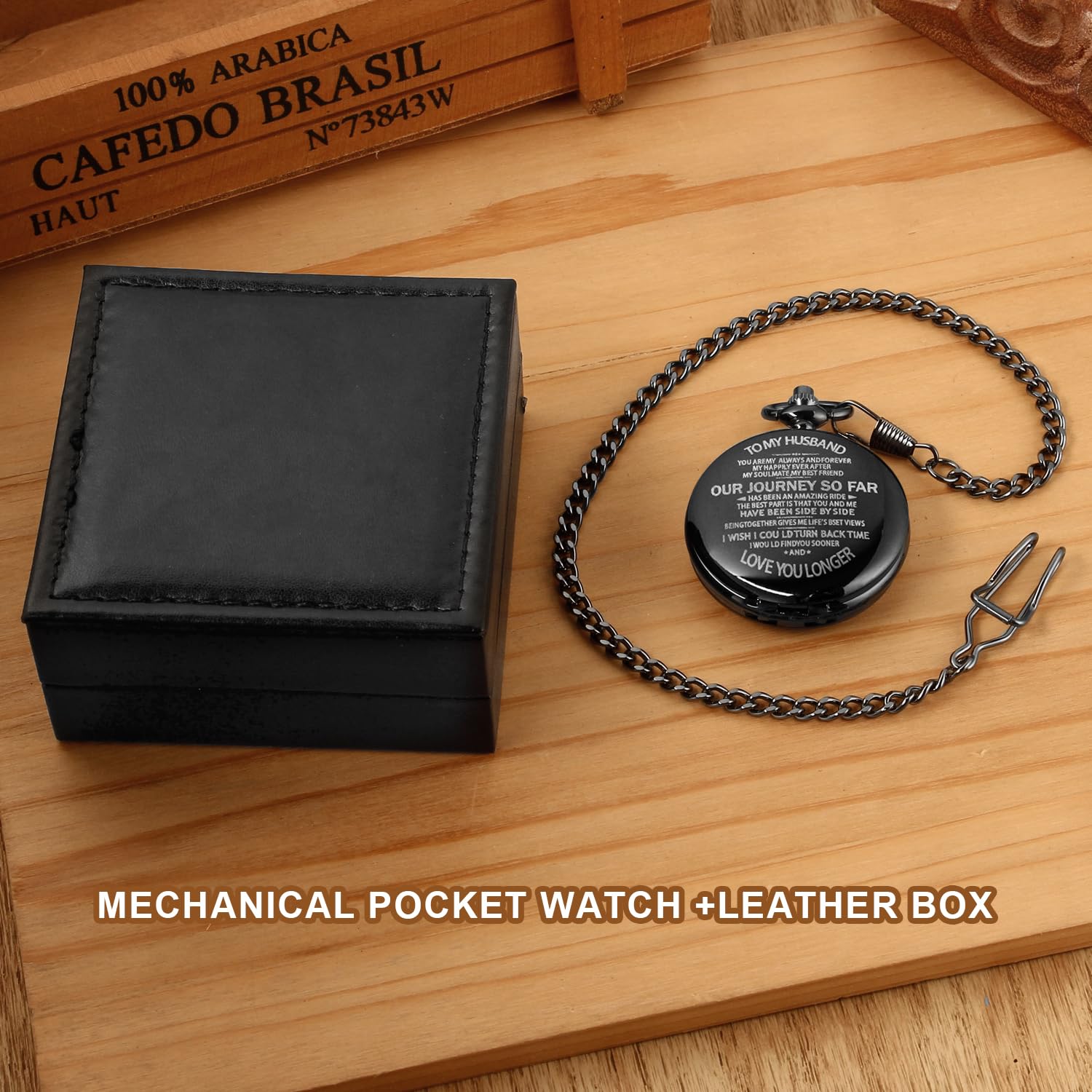 Reloj de bolsillo mecánico grabado con texto en inglés "To My Husband" para marido, relojes de bolsillo mecánicos personalizados con caja de cuero para hombres, regalo de cumpleaños y día de