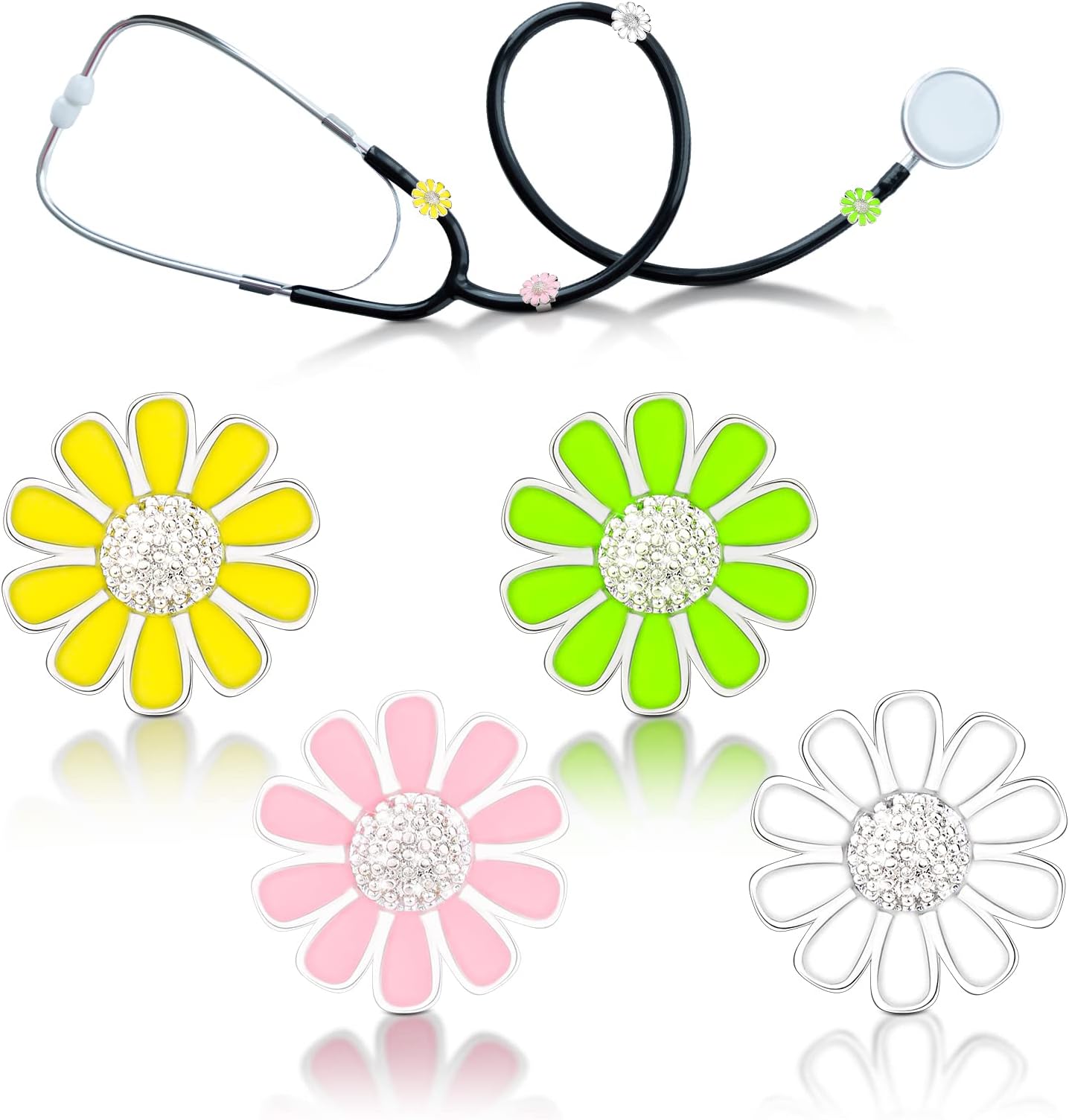 Woanger 4 Pcs Sunflower Bling Stethoscope Charms Flower Stethoscope Tag Accessories Gift for Doctor Nurse Nursing Students, Pink, White, Yellow and Green