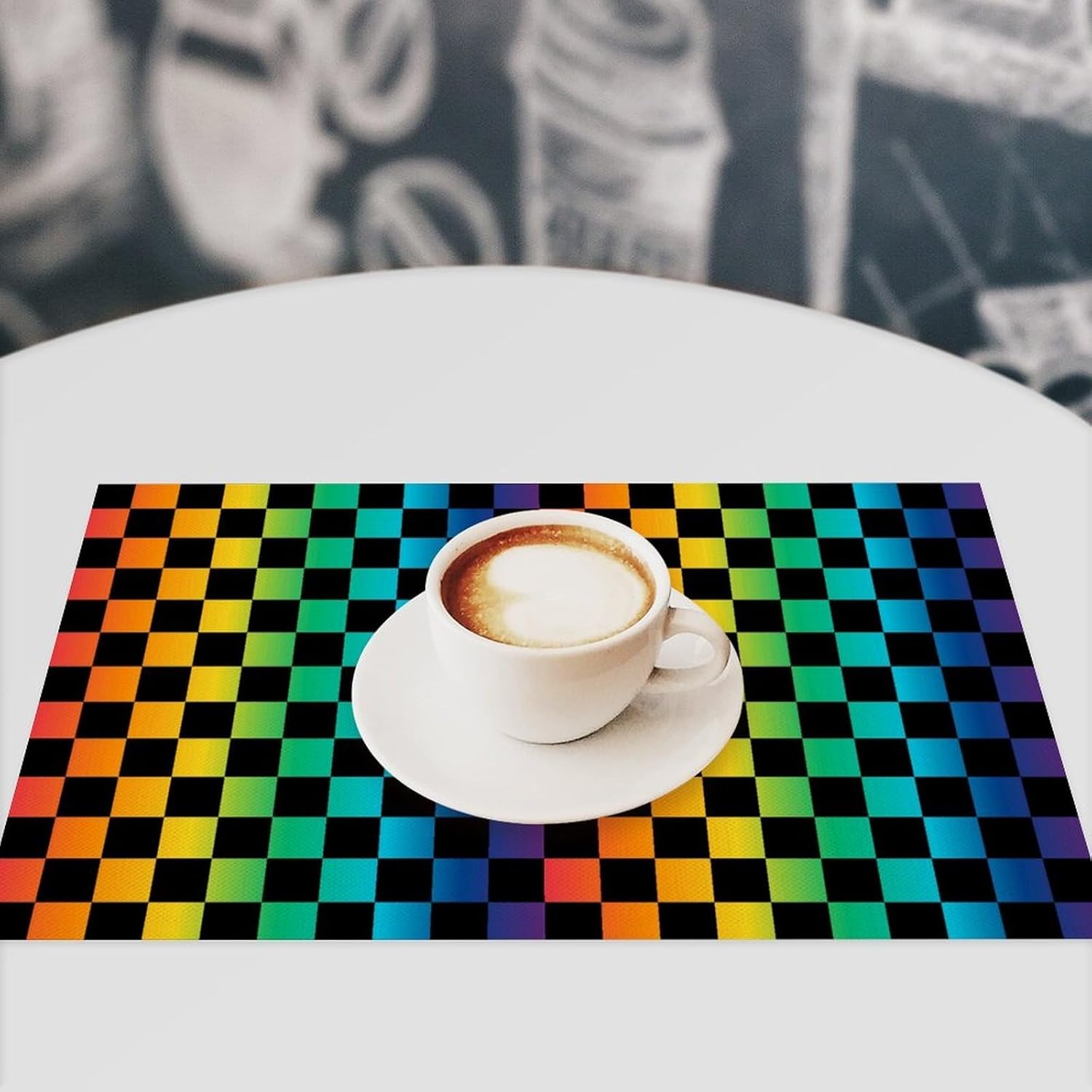 Checkered Placemat Set, Black Colorful Rainbow Pattern Home Decor Linen Table Mats for Dining Room Kitchens Party Cafe Festive Banquet Wedding Decor, 18" L x 12" W【6 PCS】