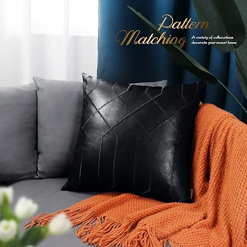 Miniatura 6 de BRAWARM Fundas de almohada de cuero 20 x 20 pulgadas, paquete de 2 fundas de almohada de cuero sintético negro, fundas de almohada decorativas de