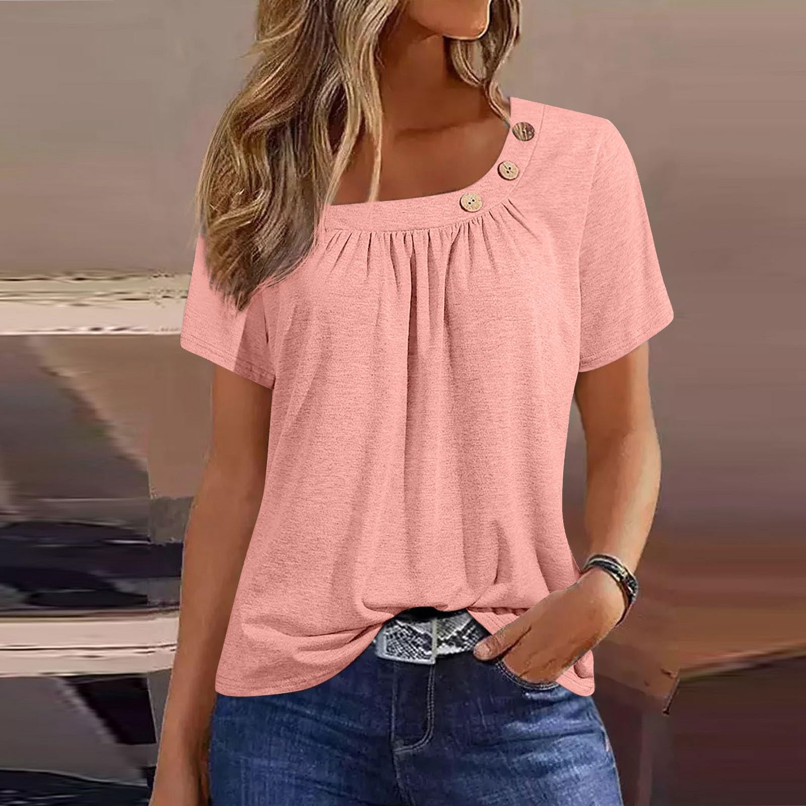Camicette da donna a maniche corte primaverili eleganti casual vestibilità ampia magliette con bottoni decorazione estiva tinta unita tunica top, Ac-anguria Rosso, XX-Large
