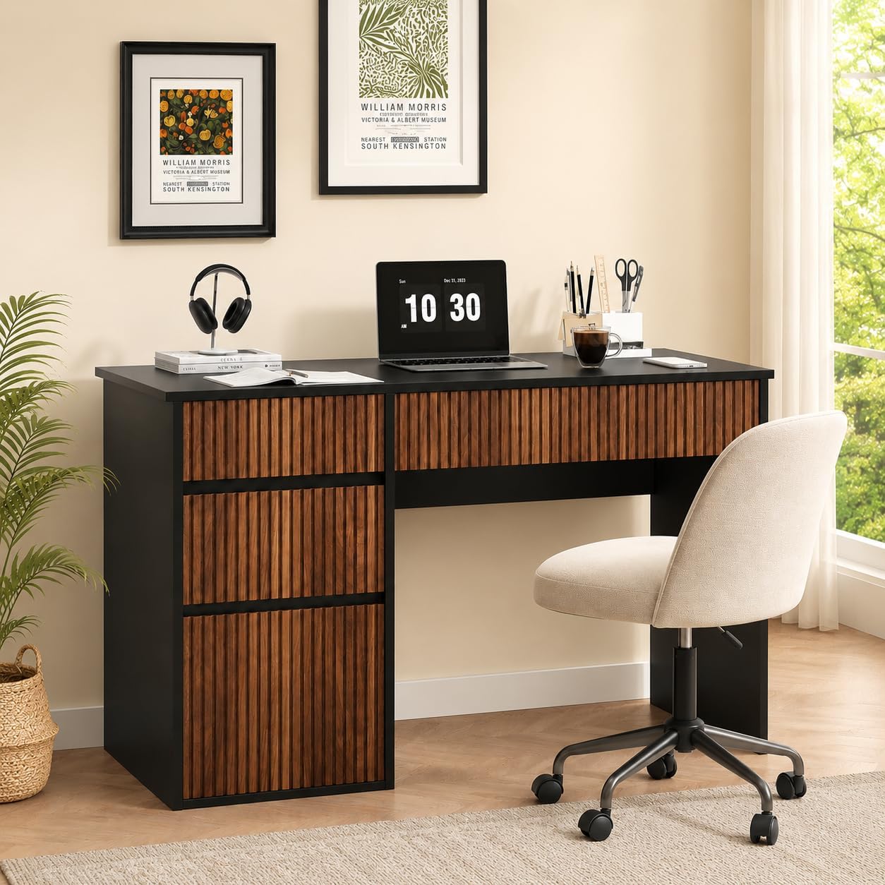 4 EVER WINNER Computer Desk with Drawers, 48 Inch Fluted Small Desk with Storage for Small Spaces, Wood Home Office Desk for Study, Living Room, Bedroom, Black