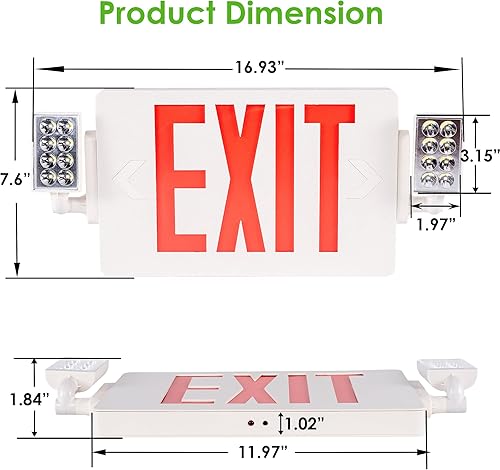 Miniatura 9 de Gruenlich Letrero de salida de emergencia combinado con 2 luces de cabeza ajustables y doble cara, baterías de respaldo, iluminación de salida de