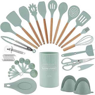 Country Kitchen Non Stick Silicone Utensil Set with Rounded Wood Handles...