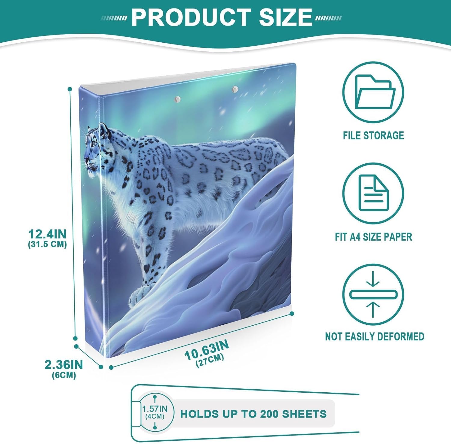 3 Ring Binder Snow Leopard Aurora 1.5 Inch Round Ring Binder with 3 Interior PVC Clear Pockets Round Ring Binder with Clipboard 200 Sheet Capacity for Office 1 Pack