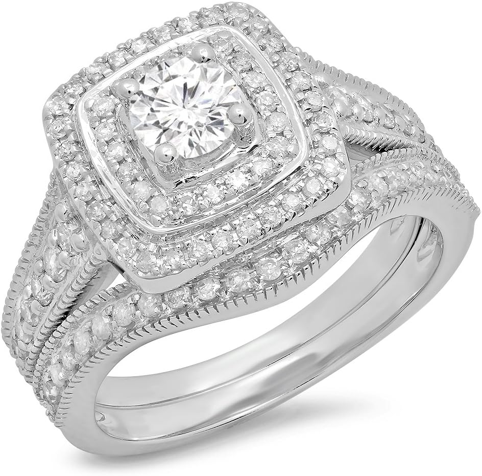 Dazzlingrock Collection 1.10 Ctw 14K Real Solid Gold Round White Natural Diamond Women Bridal Halo Engagement Ring with Matching Band Set