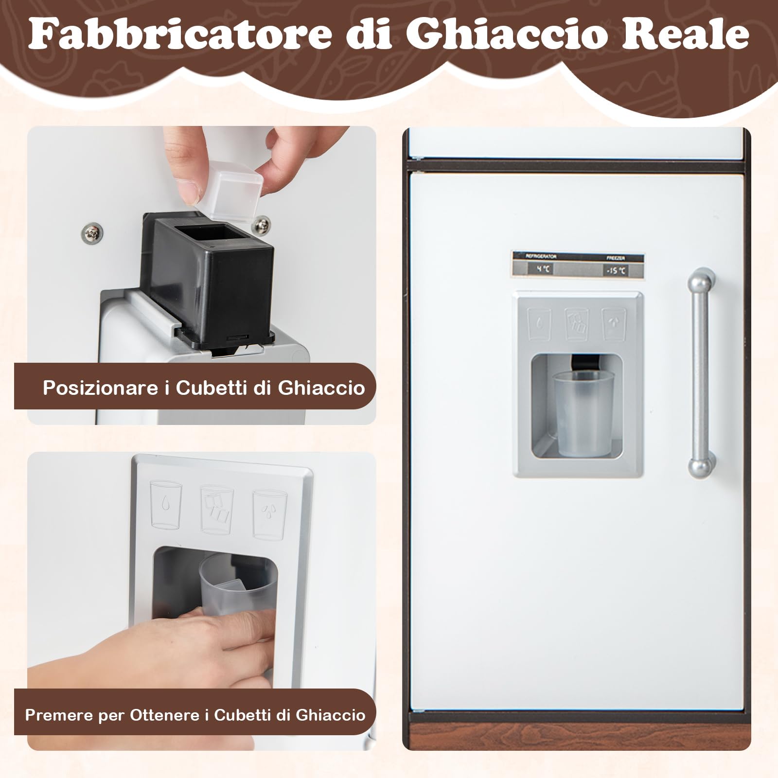 GYMAX Cucina Giocattolo ad Angolo per Bambini, Set da Cucina in Legno con Cappa Illuminata e Fornelli con Suoni, Realistico Fabbricatore di Ghiaccio, Regalo per Bambini 3 + Anni (Stile 1)