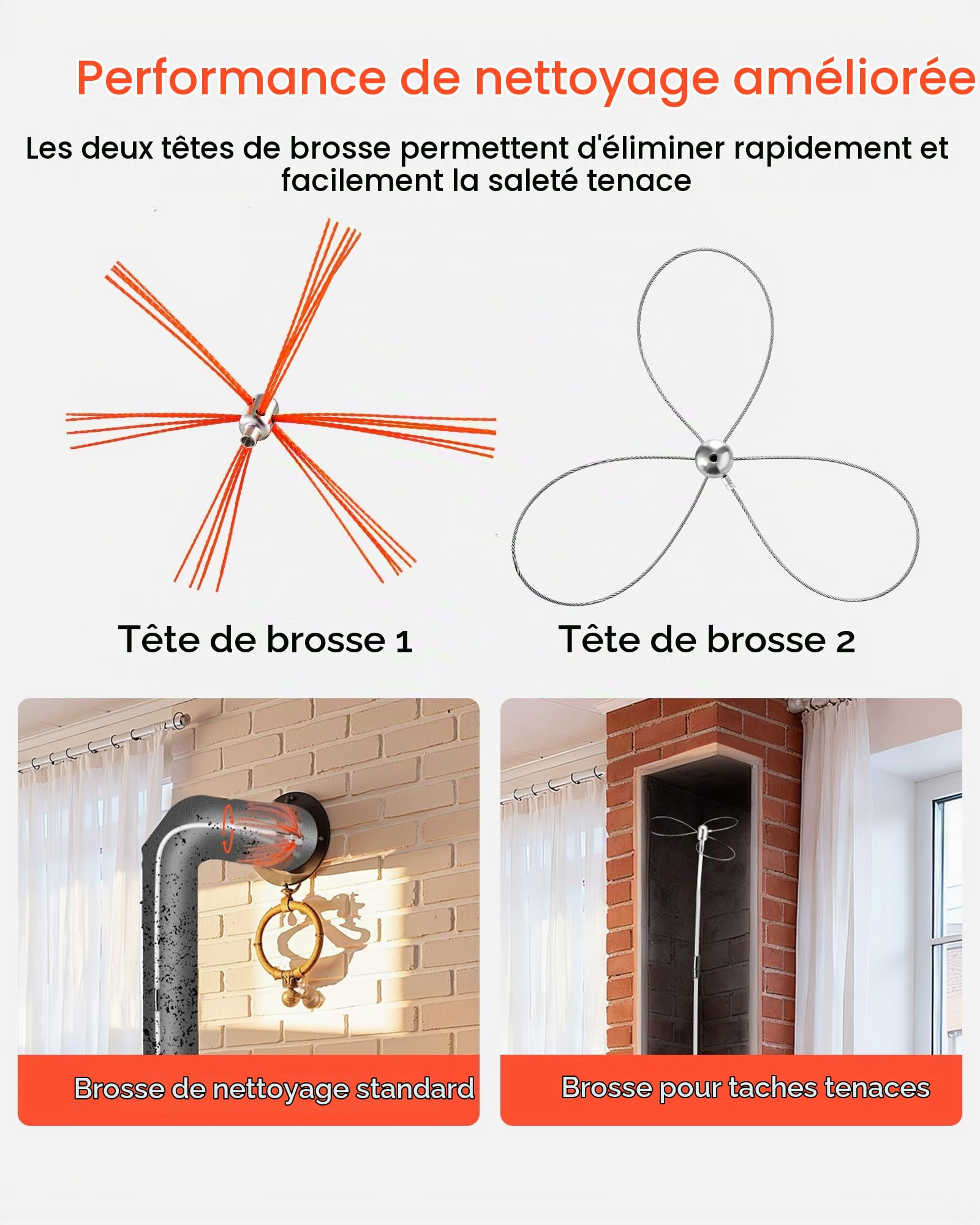 VEVOR Kit de Ramonage de Cheminée Extensible à 10 m, Kit de Nettoyage avec 2 Têtes de Brosse pour Cheminée Carrée, Rectangulaire et en Arche, Cannes Flexibles en Nylon, Lunettes de Protection, Brosse