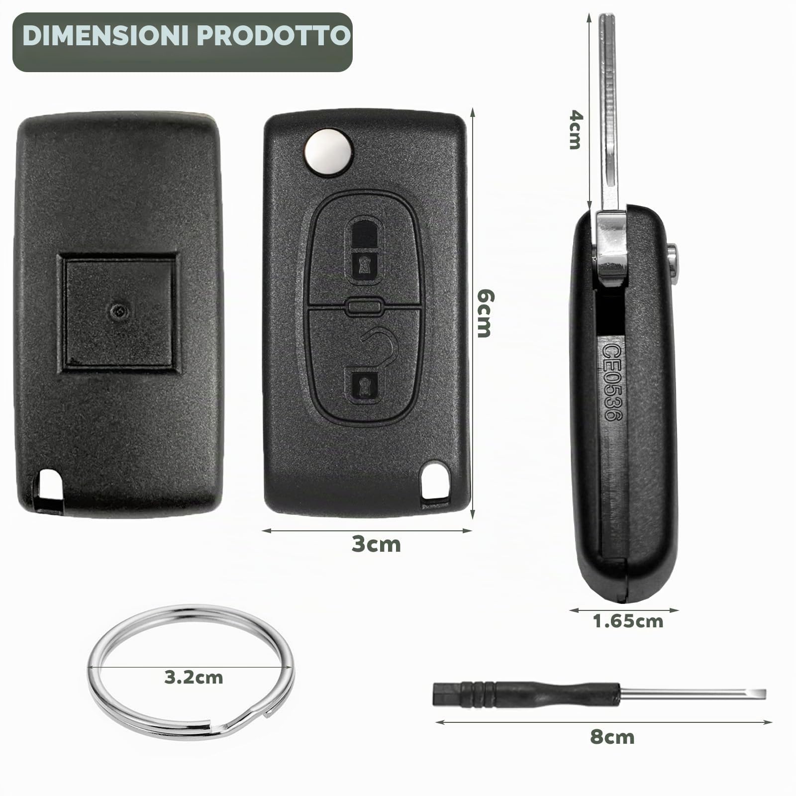 Custodia Chiave Auto CE0536 Compatibile Peugeot 207 307 308 SW 3008 5008 Partner Citroen C3 C2 C4 C5 C6 C8 Telecomando 2 Pulsanti Pieghevole