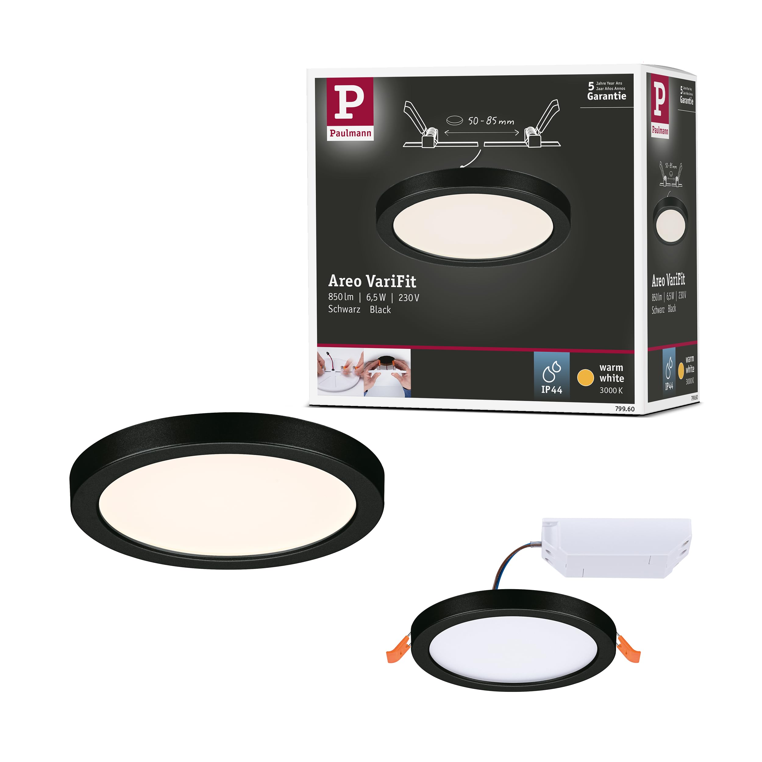 Paulmann 79960 recessed LED panel Areo IP44 118mm round incl. 1x6.5W Warm white Black Plastic Lighting system 3000K