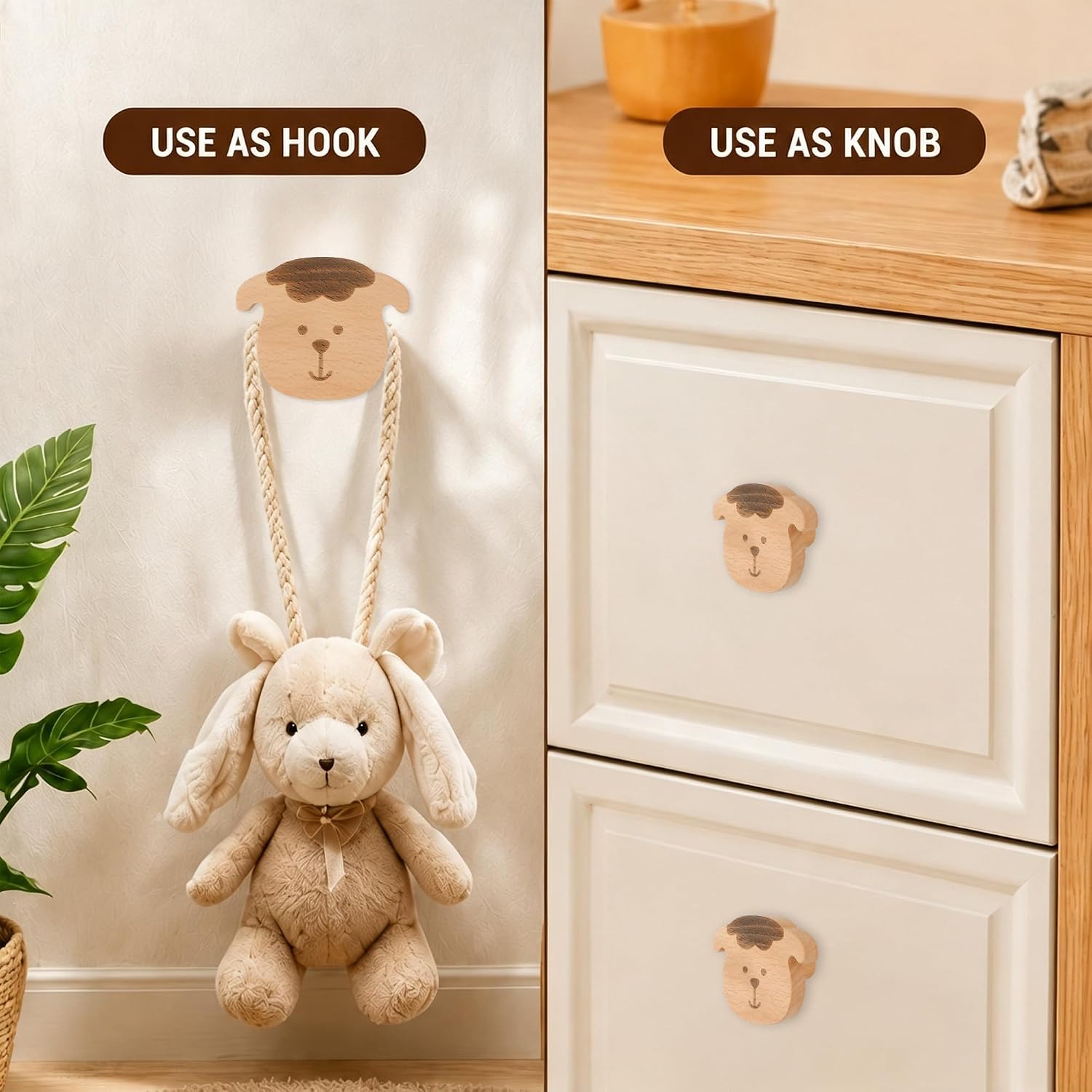MOROBOR Sheep Shaped Wooden Knobs, 6pcs Single Hole Beech Wood Handles Cupboard Cabinet Pulls for Kids Room Drawers Wardrobes Furniture Hardware with Screws& Expansion Tube