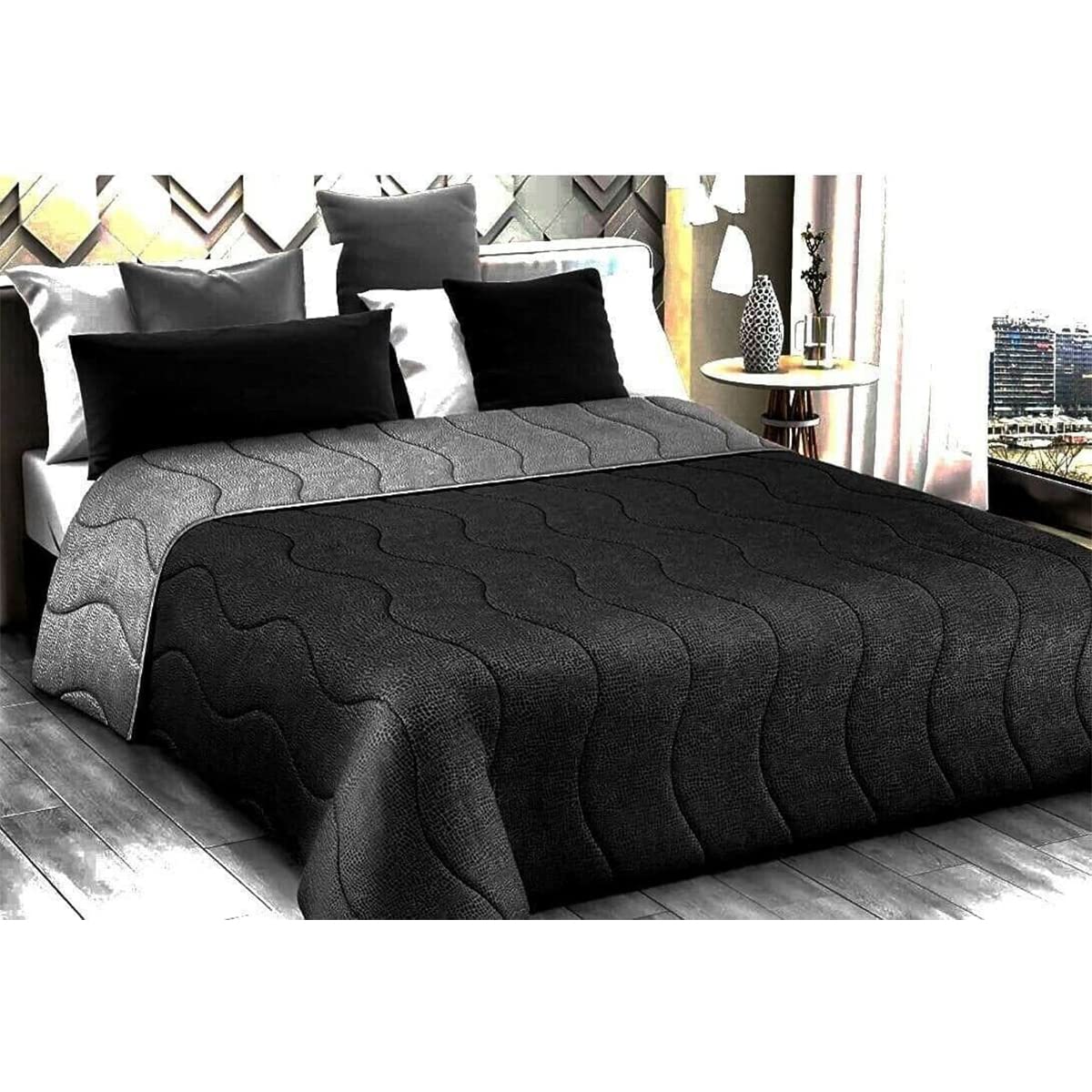 SaRani Trapunta Invernale Piumone Moderno Matrimoniale Double Face Tinta Unita Boa (Nero/Grigio, Matrimoniale)