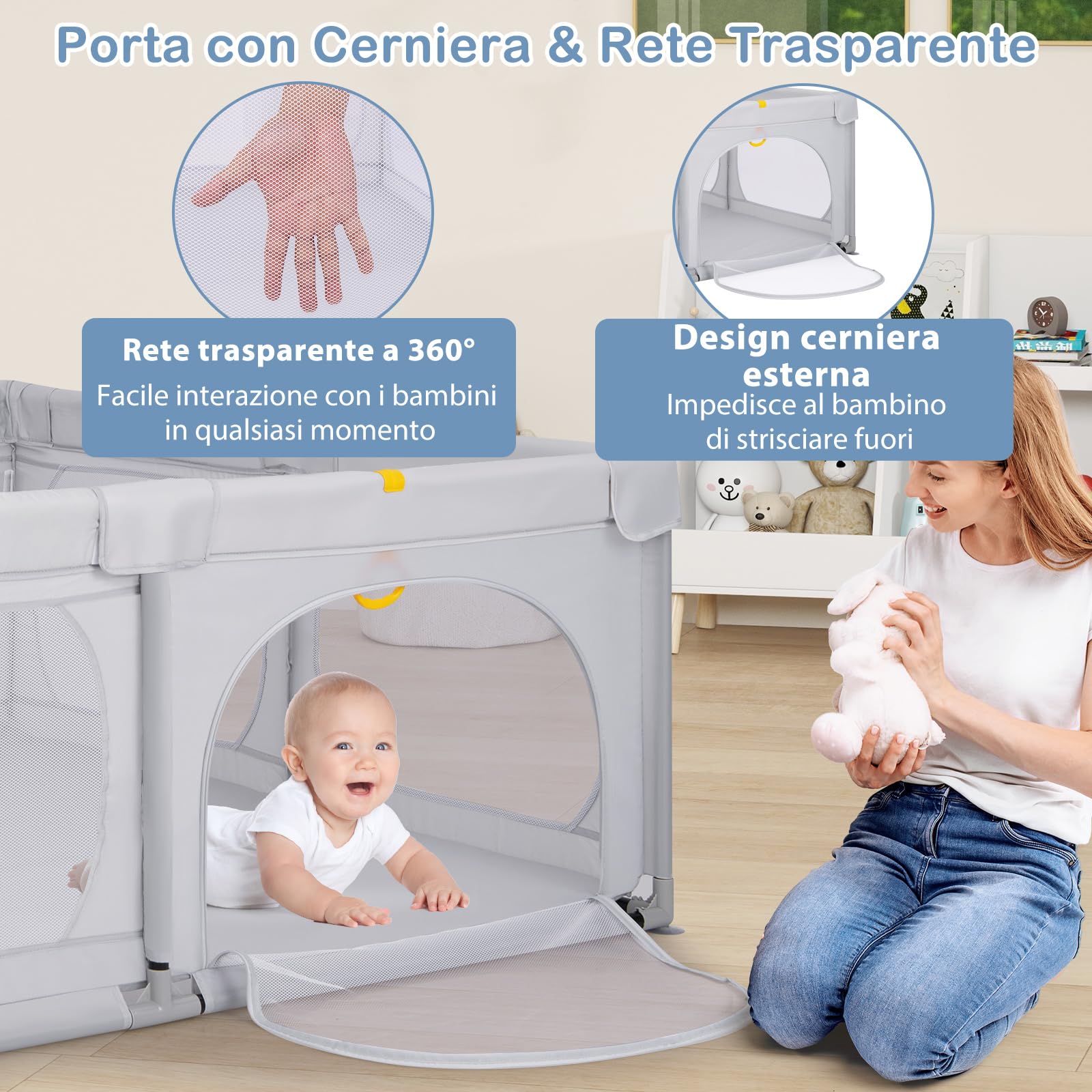 RELAX4LIFE Recinto Bambini con Base a Ventosa,Box Giochi, 4 Anelli e 50 Palline, 2 Entrate Laterali, Tasca Portaoggetti e Borsa Trasporto, Rete Traspirante (Grigio Chiaro, 189 x 158 cm)