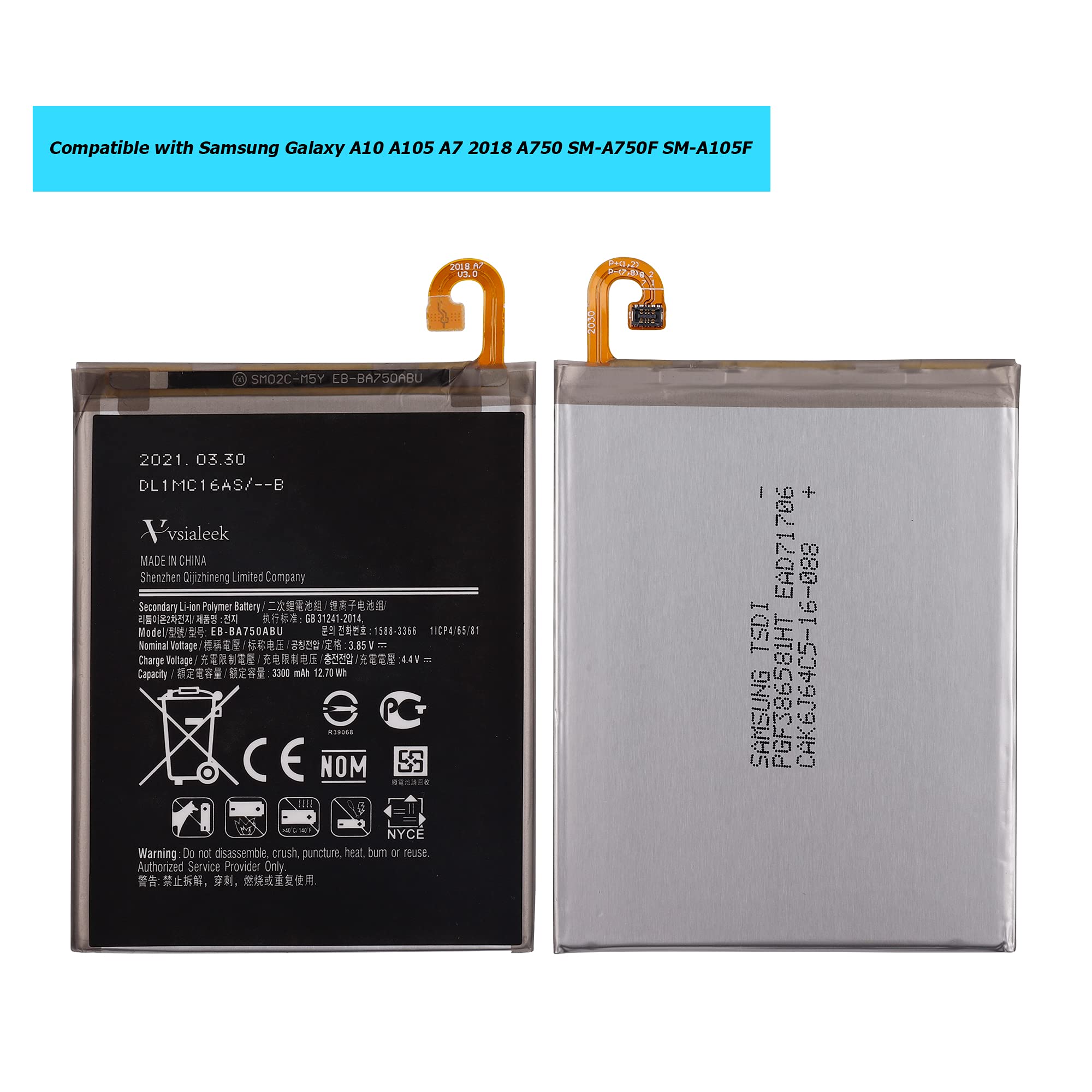 Vvsialeek New EB-BA750ABU Replacement Battery Compatible with Galaxy A7 2018 A750 SM-A750F A10 2019 A105 SM-A105F with Toolkit