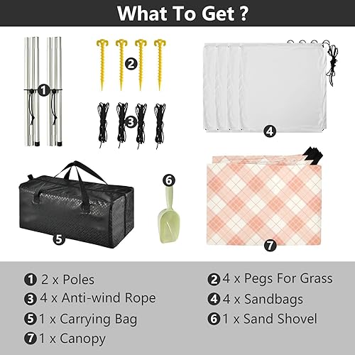 Miniatura 4 de Tienda de campaña y toldo de playa a cuadros rosa claro, protección UPF50+, impermeable, parasol para exteriores con sacos de arena y pala para