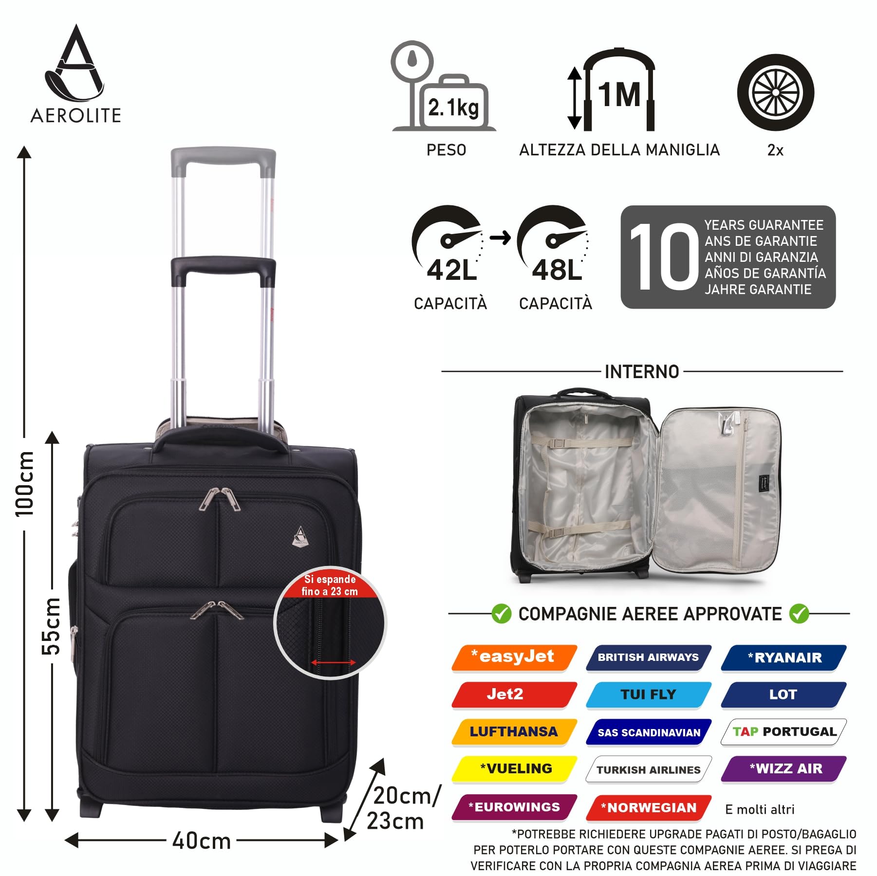 Aerolite espandibile 55x40x20 a 55x40x23 Valigia leggero Trolley Bagaglio a mano