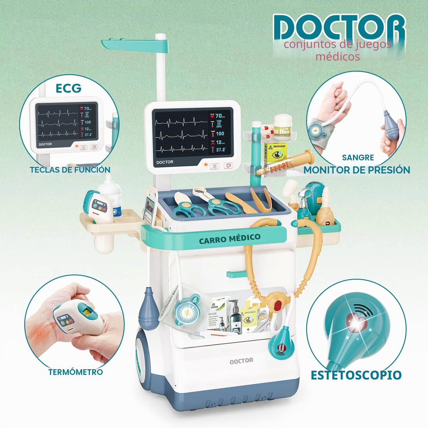 Sotodik Medicos Juguete 26PCS Juguetes de Medicos Accesorios con Luces y Sonido, Termómetros, Estetoscopios el Papel de Carrito Móvil Juguetes Educativos para Niños