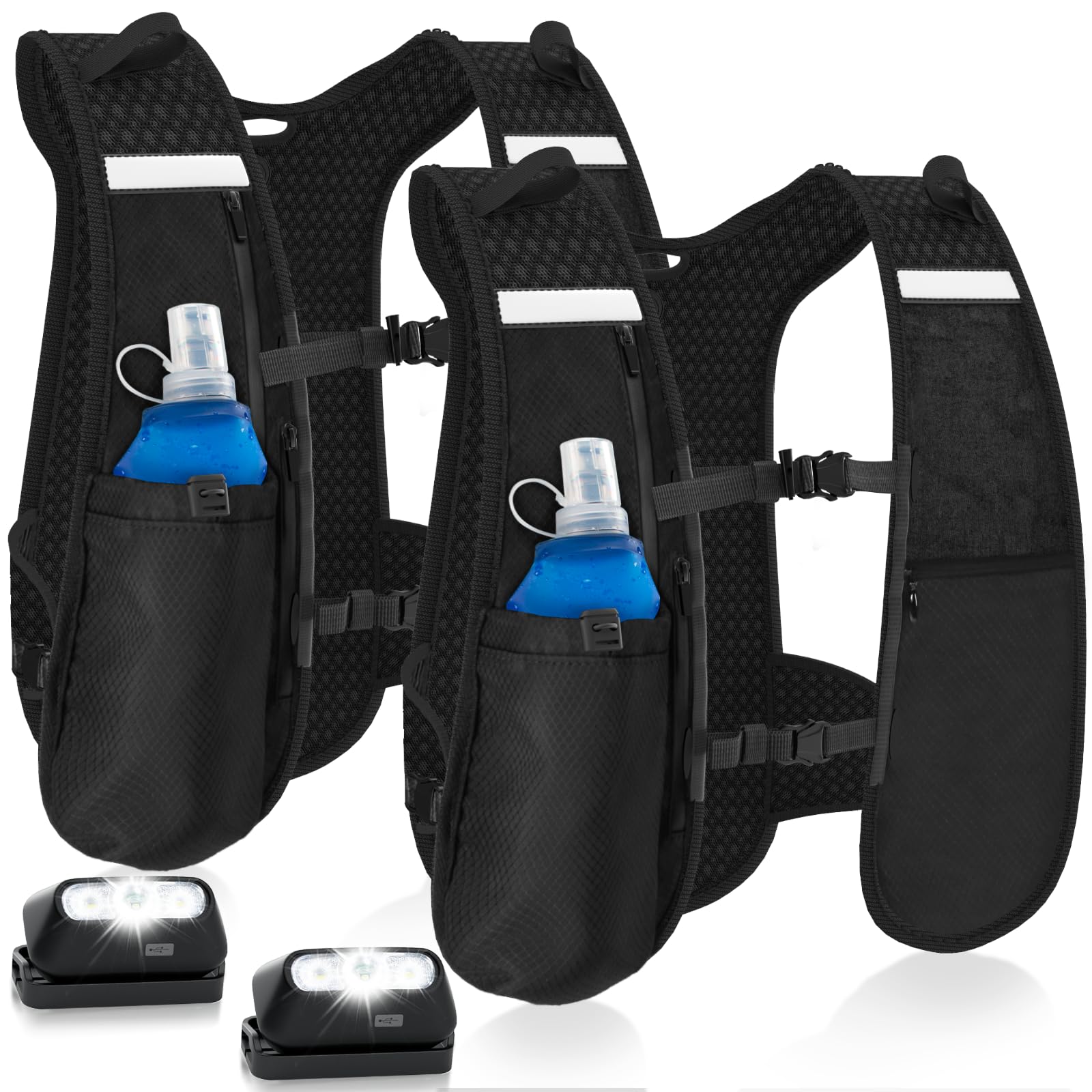GGIE Running Hydration Vest 2 Pack – Lightweight Reflective Running Vest Pack with 500ml Soft Flask & Headlamp, Adjustable Trail Backpack for Men Women, Ideal for Marathon Hiking Cycling & Climbing